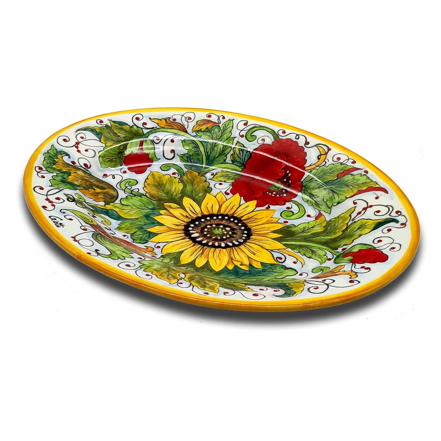 Italian Ceramic Serving Platter For Kitchen, Large Oval Serving Tray Hand Painted With Brush, Decoration With Sunflower Poppies, Produced By Giotti Ceramiche Made In Italy, Handmade Pottery