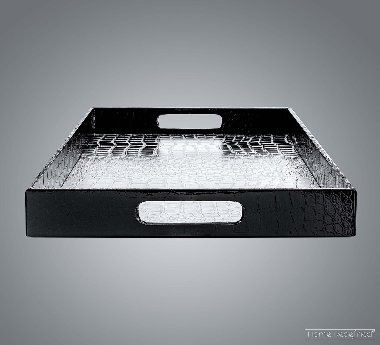 Home Redefined 18"x12" Silver & Black Glossy Crocodile Faux Leather Serving Tray Beautiful Modern Elegant Decorative Tray with Handles Ottoman Coffee Table Tray for All Occasion's