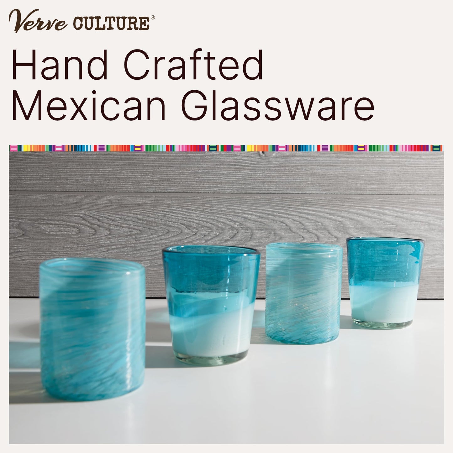 Verve CULTURE Hand Blown Drinking Glasses Set of 4 Aqua Water Glasses | Authentic Mexican Glassware | 13 oz Capacity
