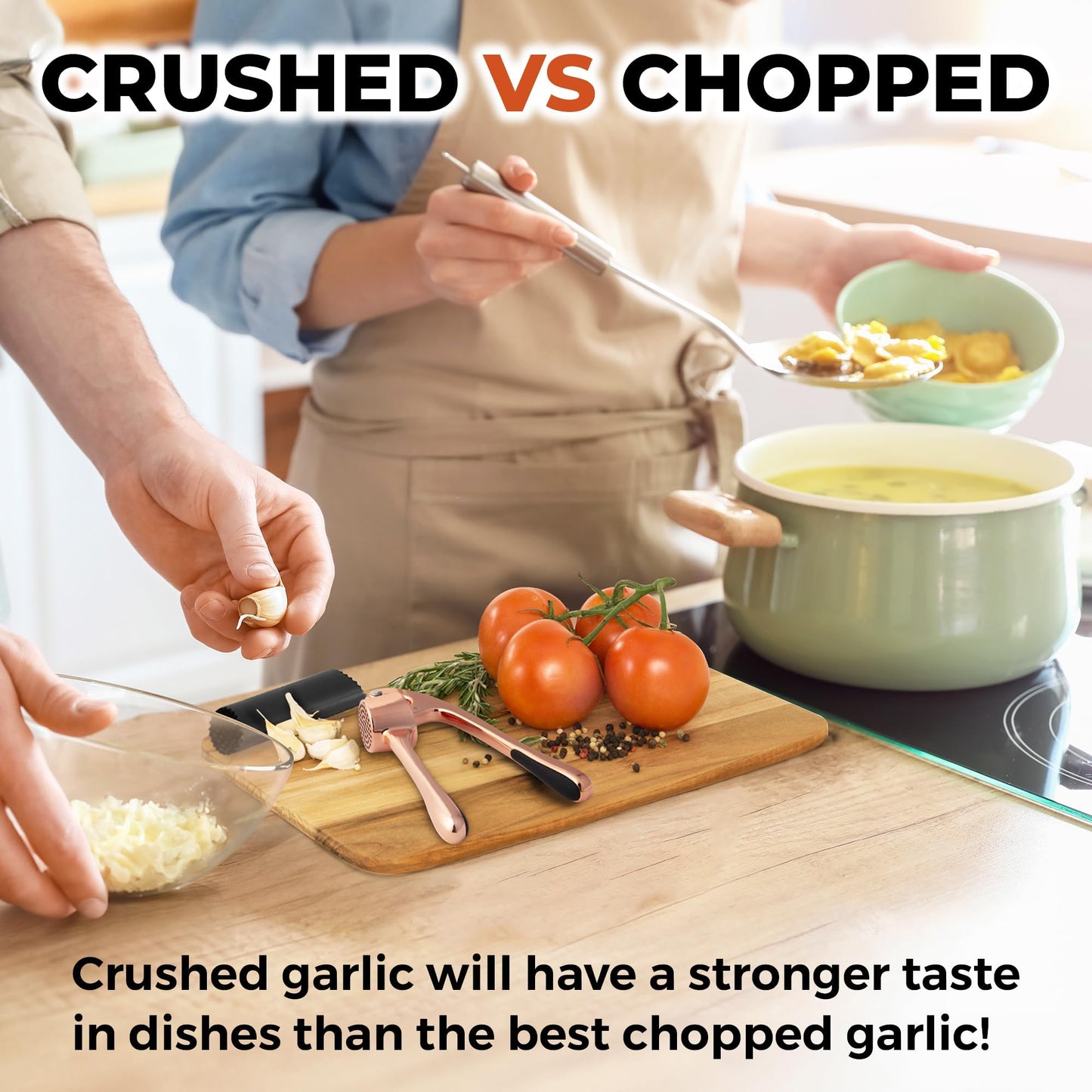 Zulay Kitchen Large Premium Garlic Press Set - Bigger Bowl for Bigger Garlic - Rust Proof and Dishwasher Safe Garlic Mincer Tool - Easy-Squeeze, Easy-Clean Silicone Garlic Peeler and Brush (Rose Gold)