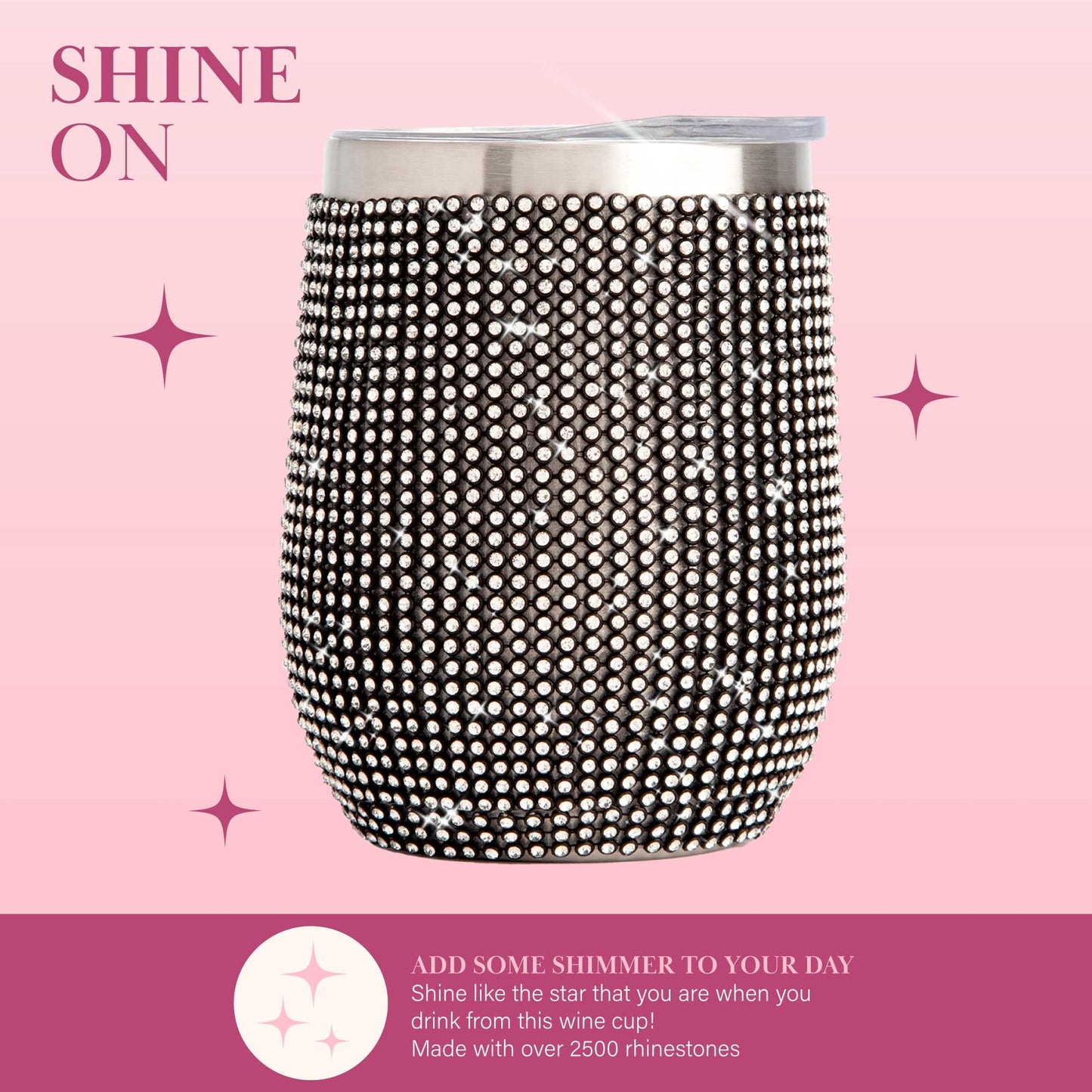 Paris Hilton Diamond Bling Wine Tumbler, Vacuum Insulated Stainless Steel with Easy Sip Lid, Bedazzled with Over 2500 Rhinestones, 12-Ounce, Black