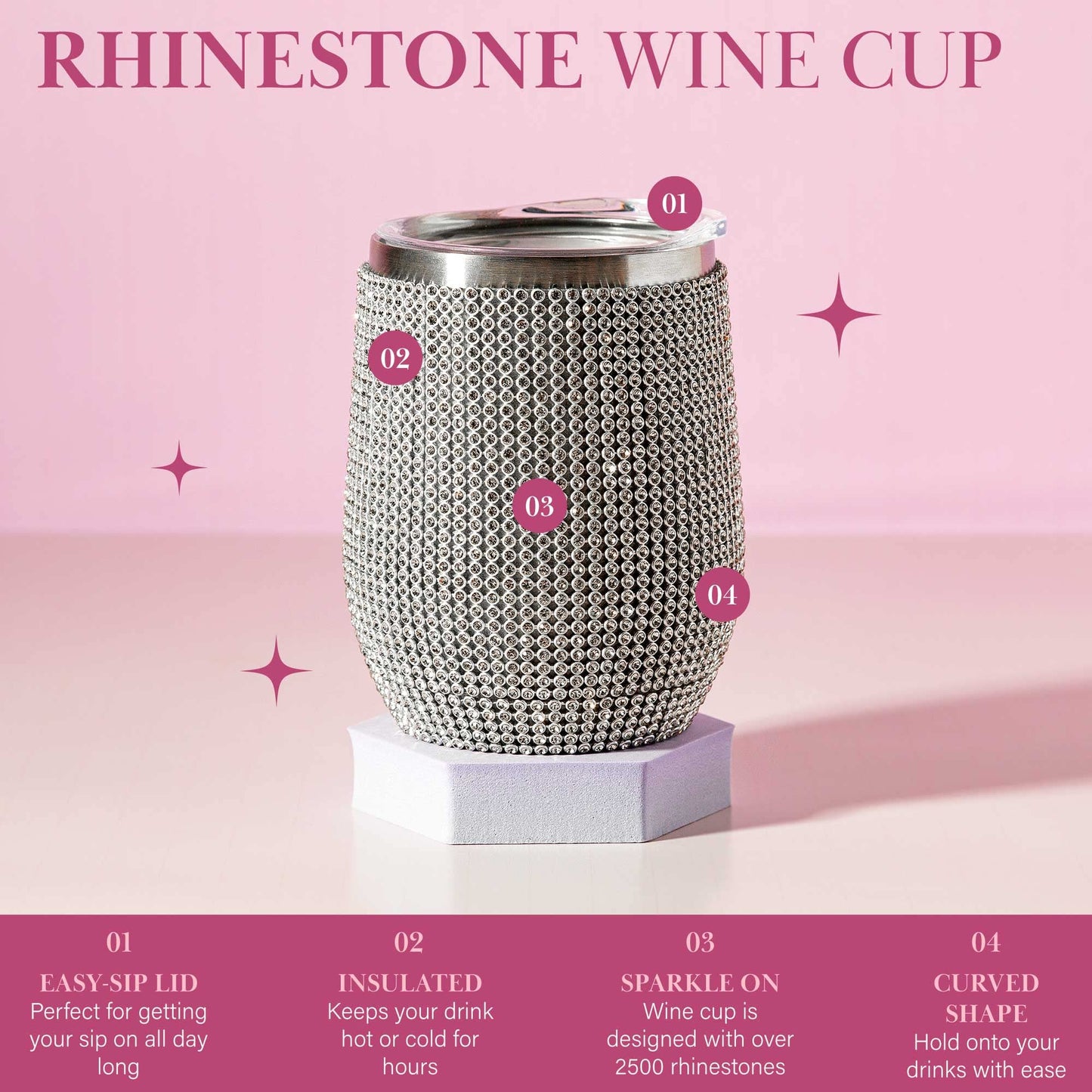 Paris Hilton Diamond Bling Wine Tumbler, Vacuum Insulated Stainless Steel with Easy Sip Lid, Bedazzled with Over 2500 Rhinestones, 12-Ounce, Silver