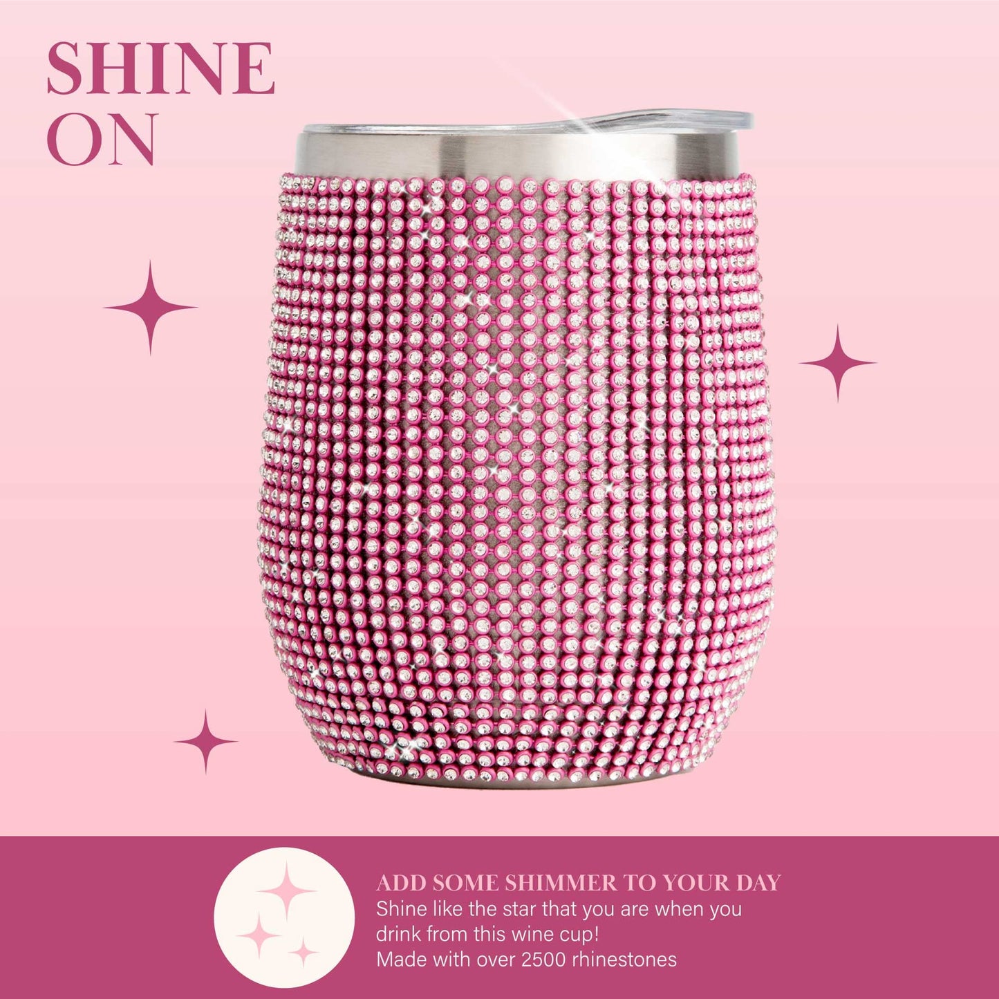 Paris Hilton Diamond Bling Wine Tumbler, Vacuum Insulated Stainless Steel with Easy Sip Lid, Bedazzled with Over 2500 Rhinestones, 12-Ounce, Pink