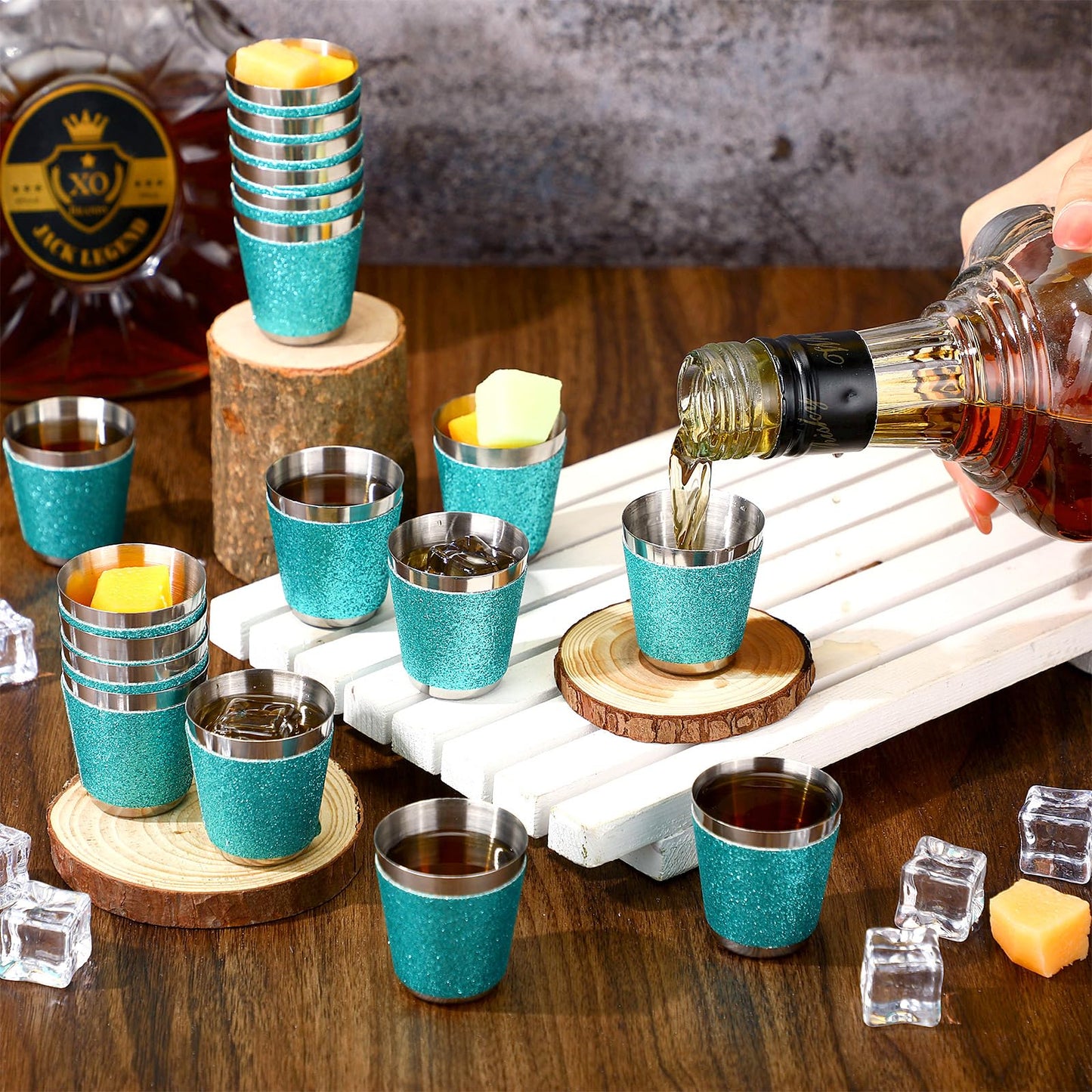 Qinyoung 50 Pcs 1 oz Stainless Steel Shot Glasses Bling Wine Glitter Metal Shot Glasses Bachelorette Wedding Valentine's Party Supplies for Espresso Whiskey Bar(Teal)