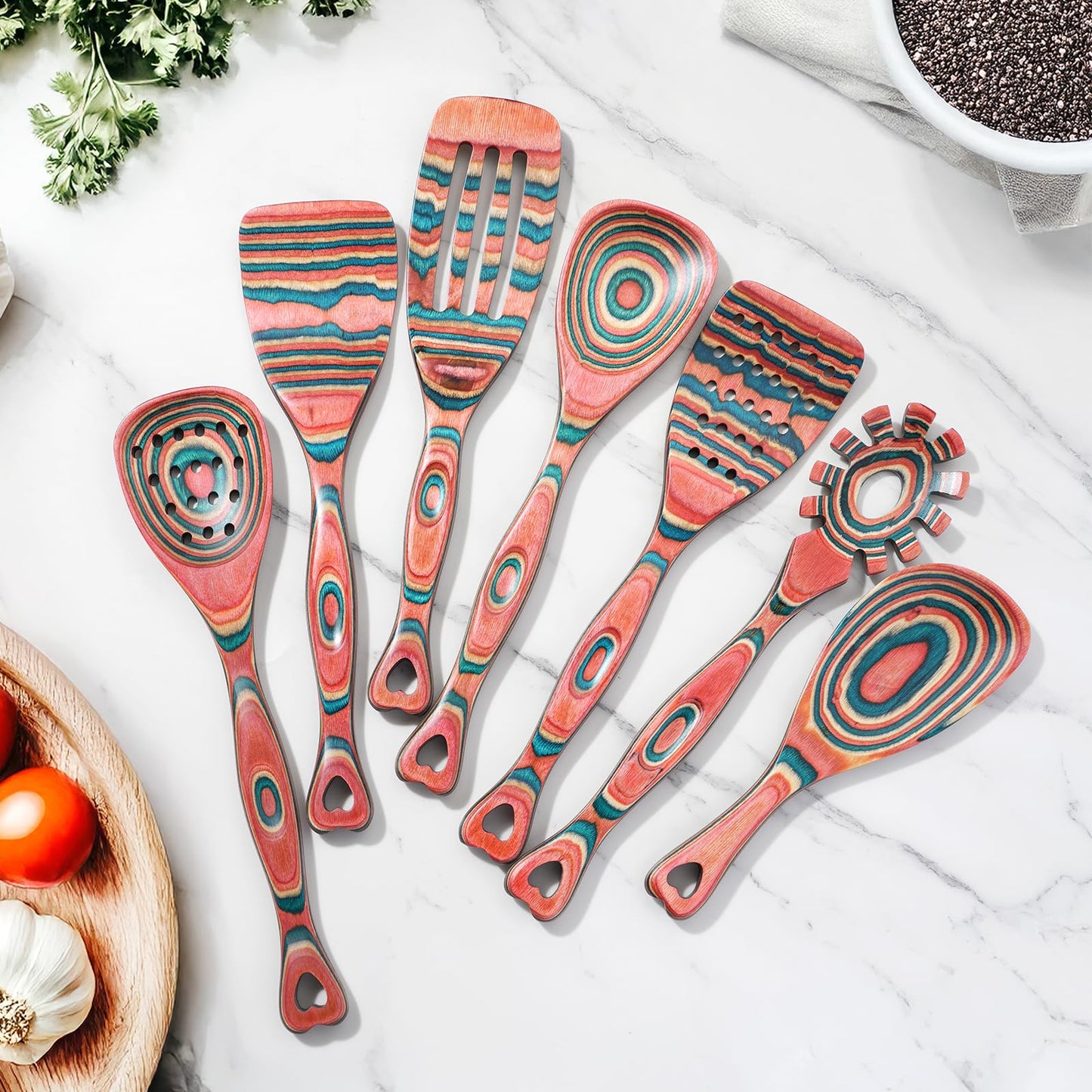 7-Piece Orange Pakkawood Non-Stick Cooking Utensils
