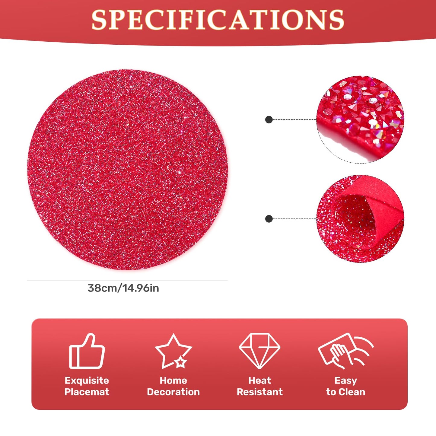 Cumouna Placemat with Red Rhinestones Round Glitter Decoration Table Mat for Valentine Holiday New Year Centerpiece Kitchen Table Party Tableware Decor 15 Inches (Red AB, 1 Piece)