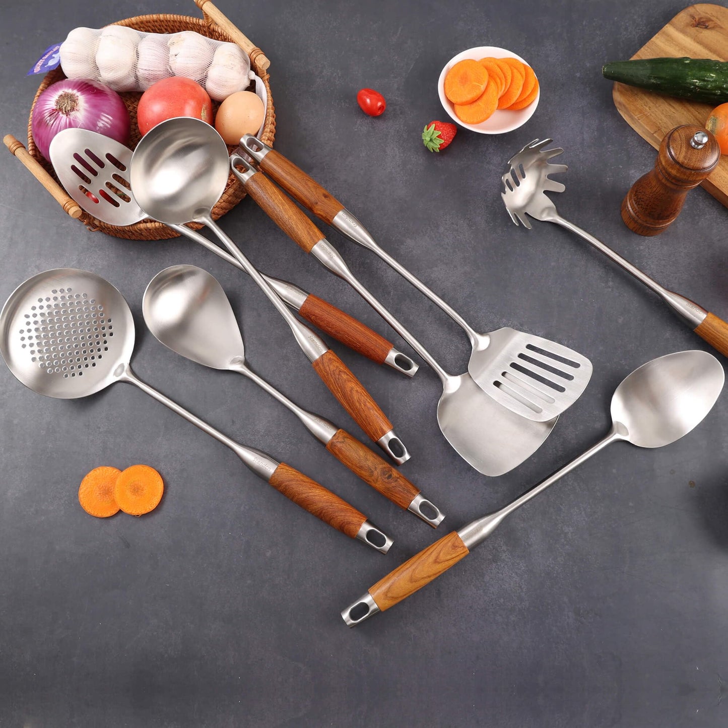 18/10 Stainless Steel Kitchen Utensils Set with Wood Handle - 15” Metal Cooking Tools and Serving Utensil, 8-Pieces Cooking Spoons Set - Spatula, Ladle, Skimmer, Turner, Pasta, Solid Spoon, Slotted Spoon