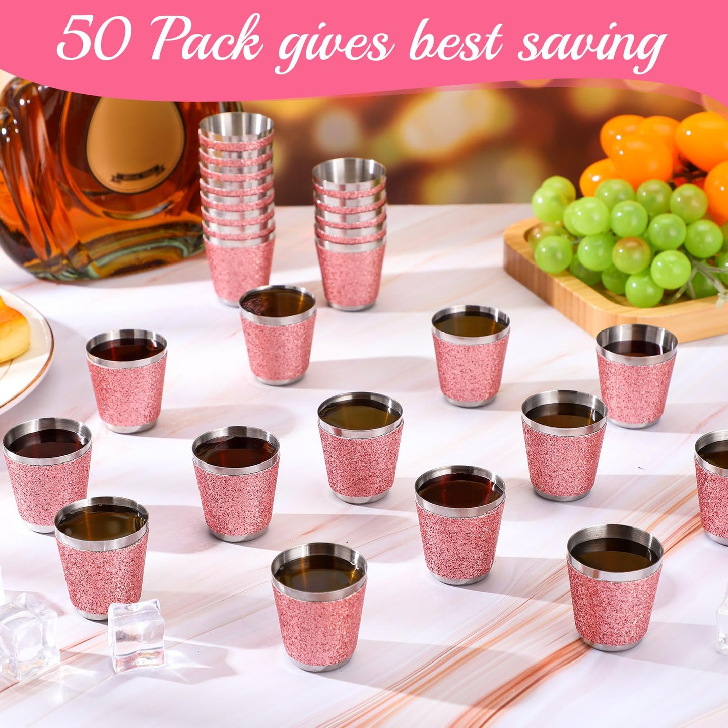 Qinyoung 50 Pcs 1 oz Stainless Steel Shot Glasses Bling Wine Glitter Metal Shot Glasses Bachelorette Wedding Valentine's Party Supplies for Espresso Whiskey Bar(Pink)