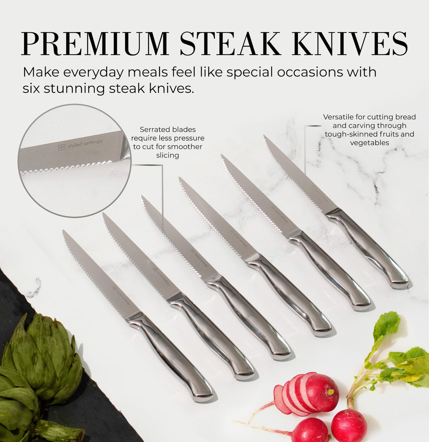 Styled Settings Stainless Steel Knife Set with Built In Sharpener - 14-Piece Ultra Sharp, High Carbon Stainless Steel Kitchen Knife Set includes White Knife Base
