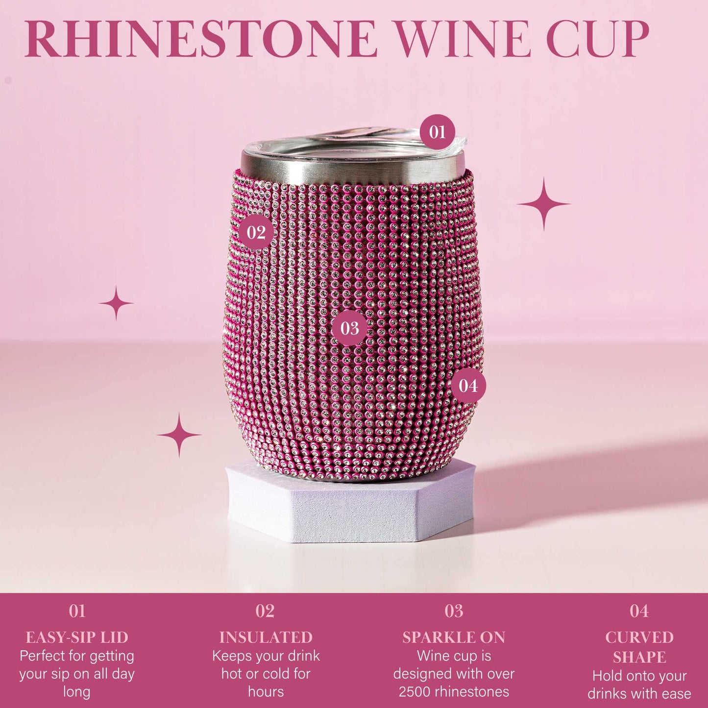 Paris Hilton Diamond Bling Wine Tumbler, Vacuum Insulated Stainless Steel with Easy Sip Lid, Bedazzled with Over 2500 Rhinestones, 12-Ounce, Pink