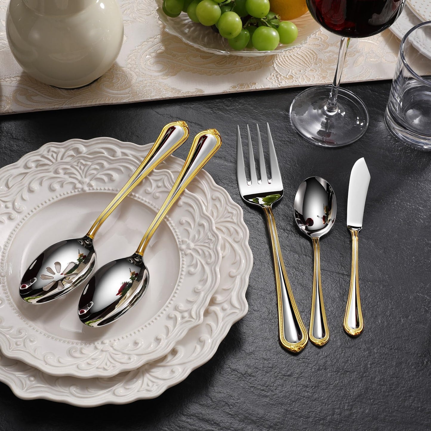 KEAWELL Pearl Edge Premium Hostess Serving Utensils Set, 18/10 Stainless Steel, 9" Fine Hostess Utensils with Refined Bead Design, Brightly Polished, Gold Accent, Dishwasher Safe (Hostess Serving Set)