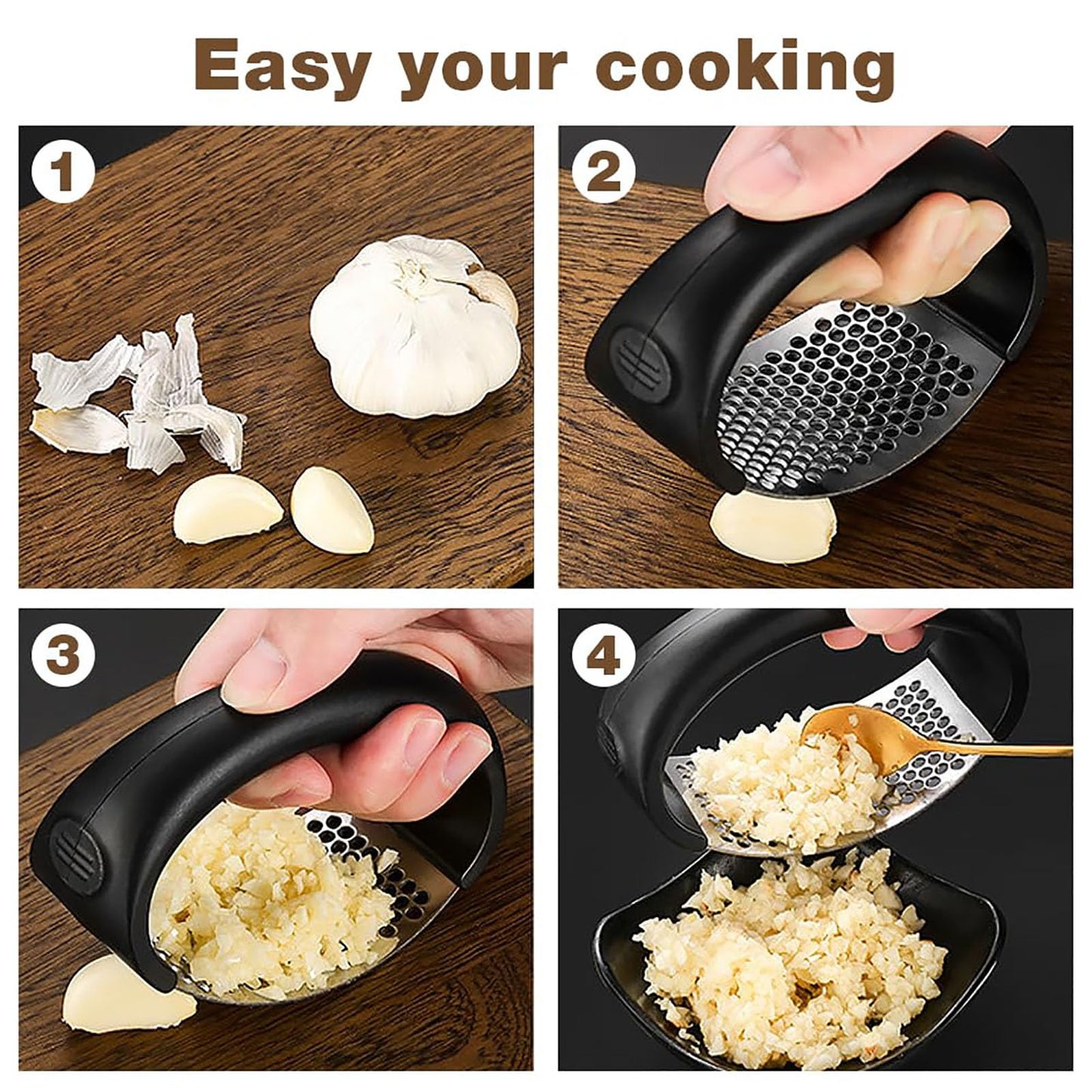 Garlic Mincer Tool, Stainless Steel Garlic Presser, Garlic Crusher with Onion Holder for Slicing, Garlic Chopper Mincer Crusher Grinder Masher with Shred Silk The Knife (Black, with Long Onion Fork)