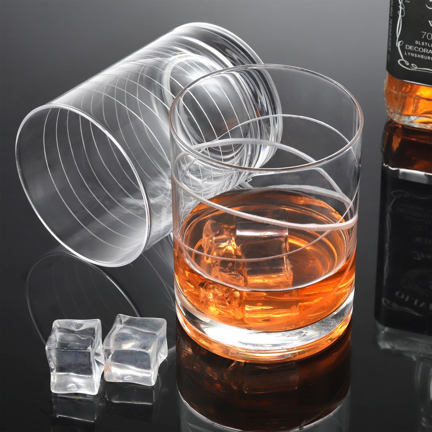 Joeyan Hand Blown Etched Whiskey Glasses,Old Fashioned Tumblers with Stripes Dots Pattern,Clear Carved Rocks Glasses,Scotch Bourbon Glassware for Party Anniversary,13.5 oz,Set of 4,Dishwasher Safe