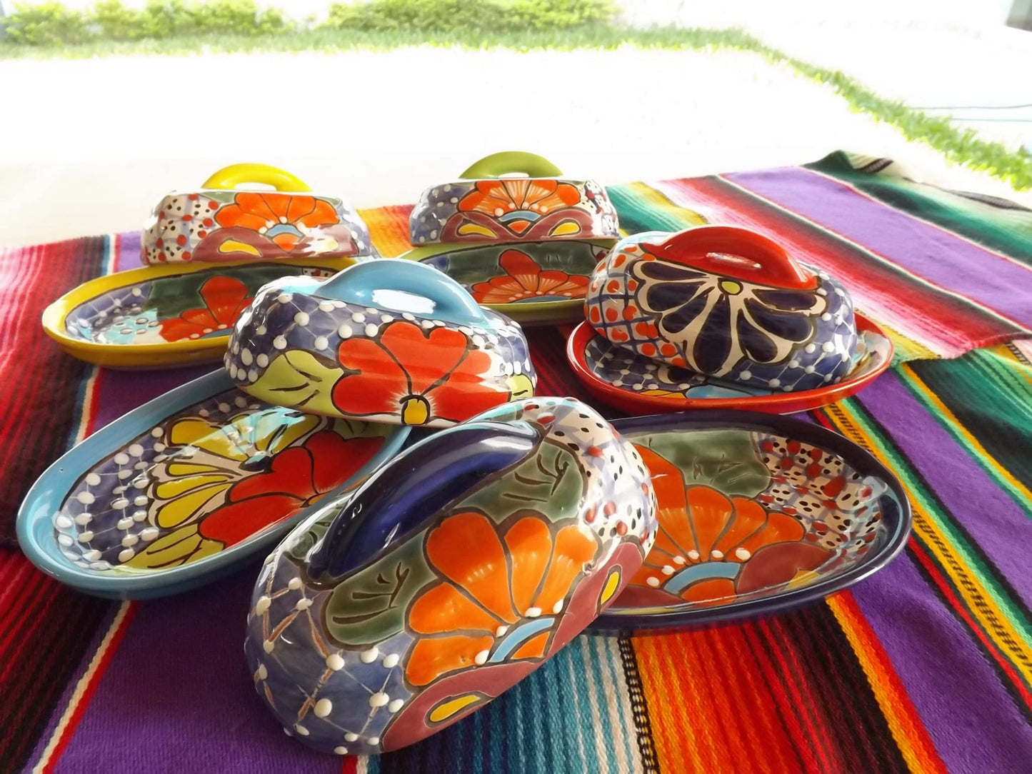 MEXTEQUIL - Butter Dish Ceramic Talavera with Lid Hand Painted Authentic Mexican Pottery Kitchen Floral Design (Aqua)