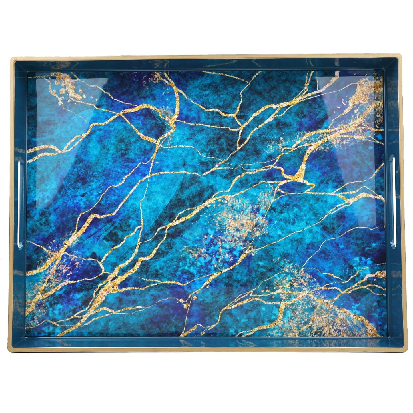 Vibrant Blue and Gold Marble Decorative Plastic Serving Trays with Handles for Living Room, Coffee Table, Ottoman, Bathroom, Kitchen, Large 15.7”*11.8”*1.6"