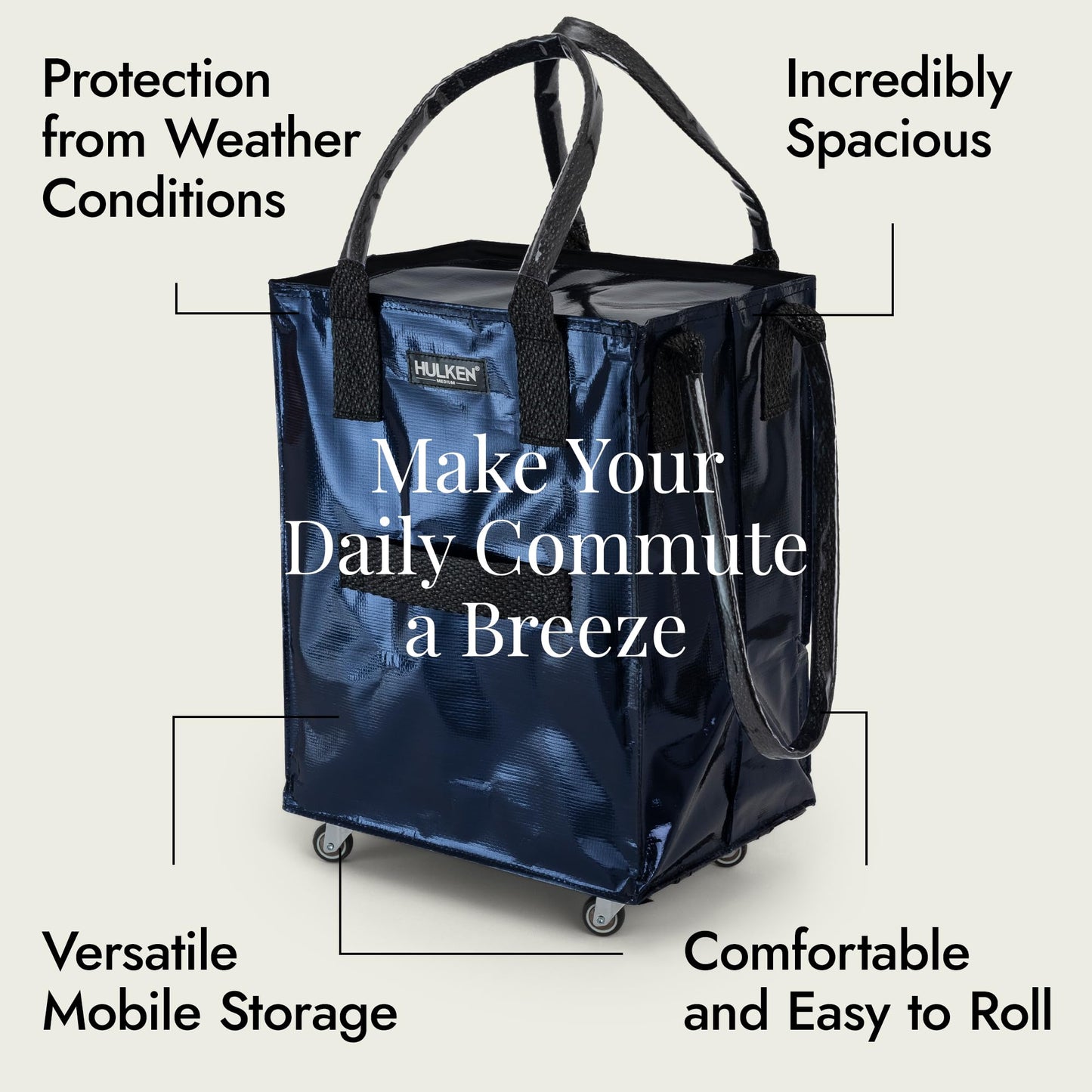 HULKEN - (Medium, Midnight Blue Reusable Grocery Bag On Wheels, Shopping Trolley, Rolling Tote, Zipper Closure, Lightweight, Carries Up to 66 lb, Folds Flat, Unbreakable Handles
