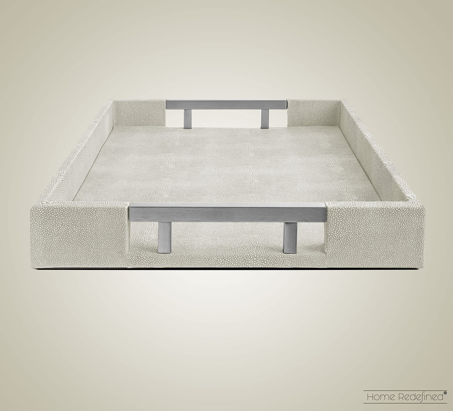 Modern Elegant 18"x12" Rectangle Natural Ivory Beige Faux Leather Shagreen Decorative Tray Ottoman Coffee Table Perfume Vanity Kitchen Serving Tray with Silver Metal Handles by Home Redefined.