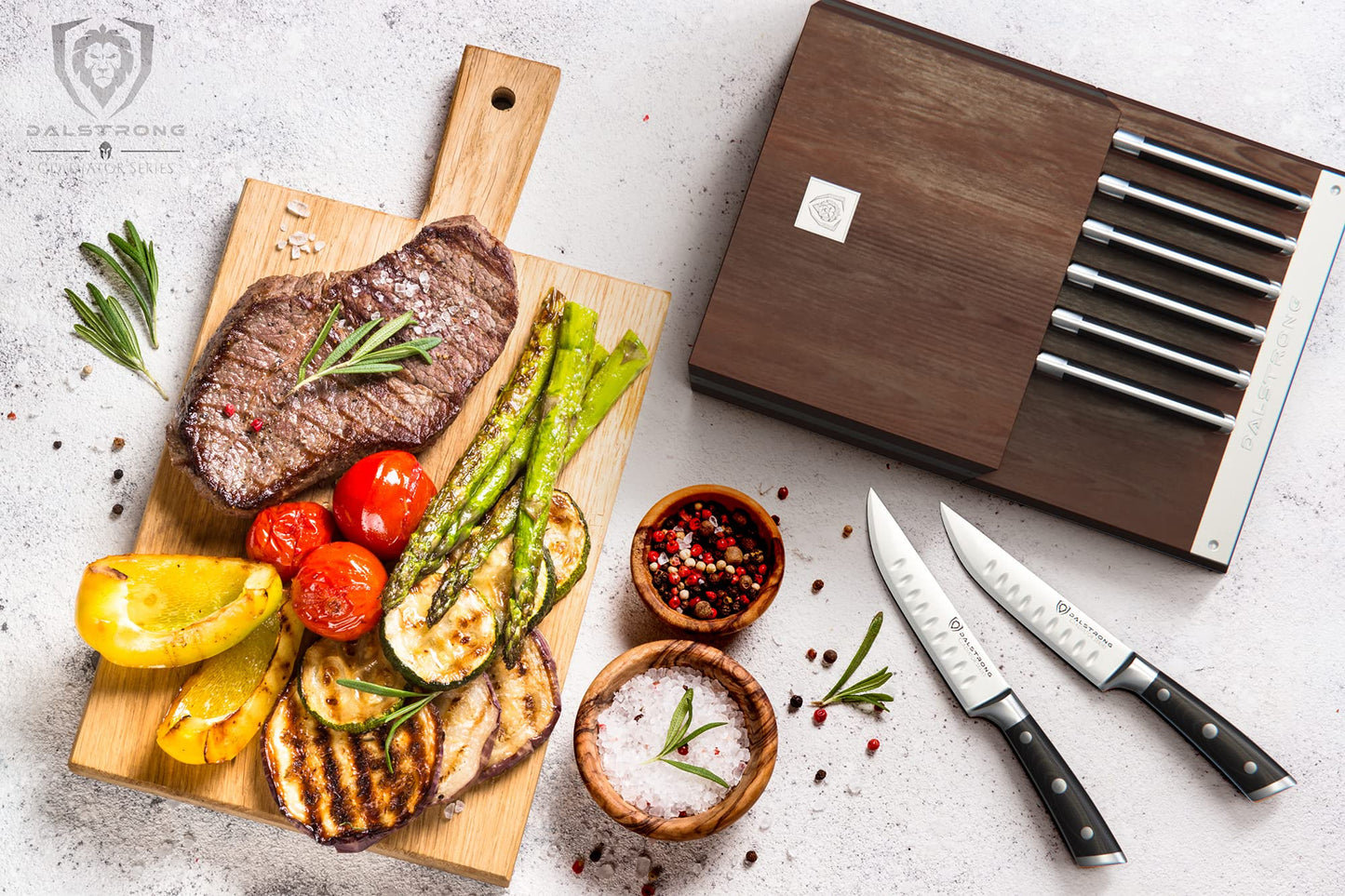 Dalstrong Steak Knife Set - 8 Piece - 5-Inch Straight Edge Blade - Gladiator Series Elite - Forged High-Carbon German Steel Dinner Kitchen Knife - Black G10 Handle - Folding Block Set - NSF Certified