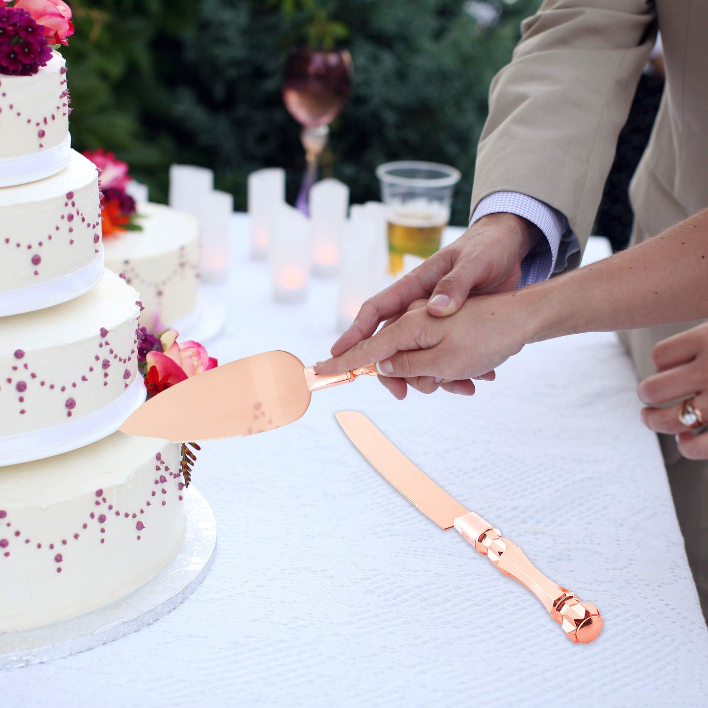 Homi Styles Wedding Cake knife and Server Set | Elegant Rose Gold Color Premium 420 Stainless Steel plated Blades | Cake & Pie Serving Set for Wedding Cake, Birthdays, Anniversaries, Parties