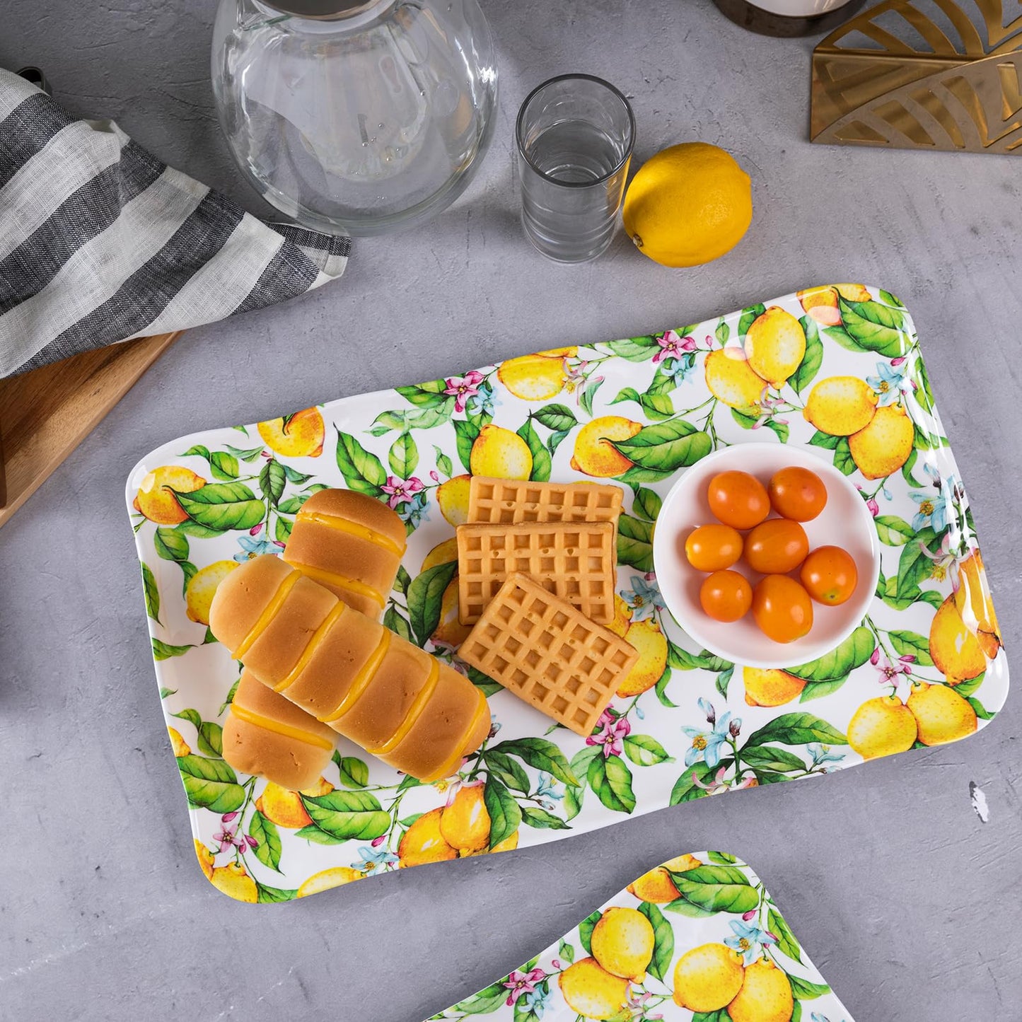 Lemon Print Large, Rectangular Melamine Tray/Platters, Set of 2, 17.5" x 10", 2-Piece Melamine Platters Serving Set, Dishwasher Safe