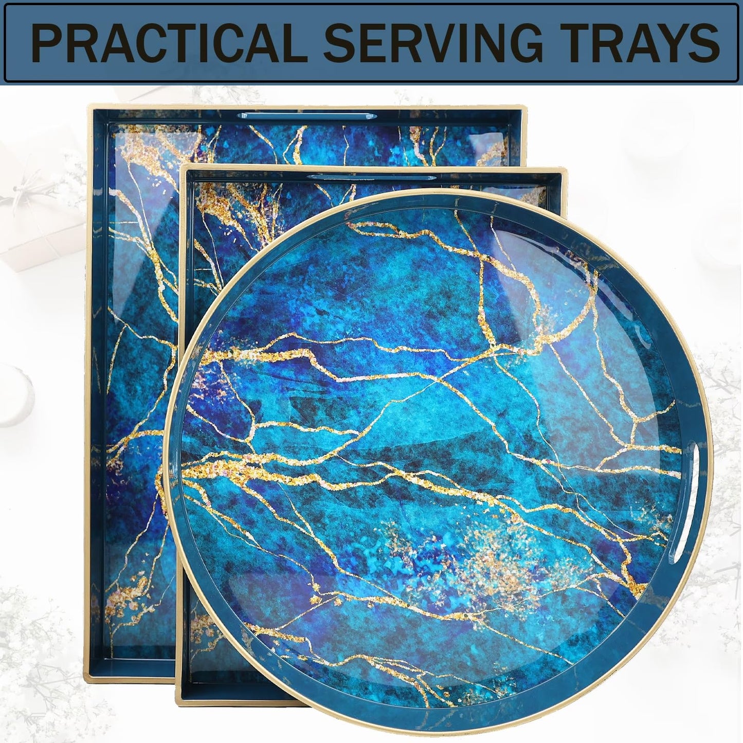 Vibrant Blue and Gold Marble Decorative Plastic Serving Trays with Handles for Living Room, Coffee Table, Ottoman, Bathroom, Kitchen, Large 15.7”*11.8”*1.6"