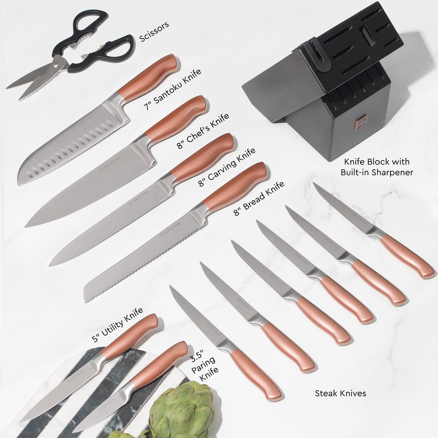 Copper Knife Set with Block and Sharpener – 14-Piece Rose Gold Knives with Black Knife Block and Built-In Sharpener – Stylish Copper Kitchen Accessories and Decor for Cooking and Prepping