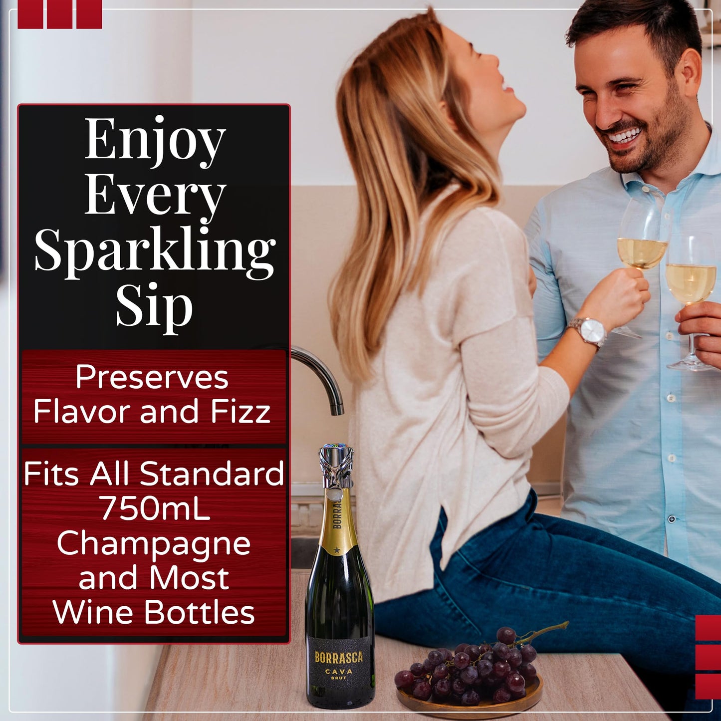Wine & Champagne Stoppers 5 Pack – Professional Grade & Durable – Patented technology with an Airtight Seal Preserves Champagne, Wine, Cava & Prosecco – Millefiori Glass Top by Evan James Designs