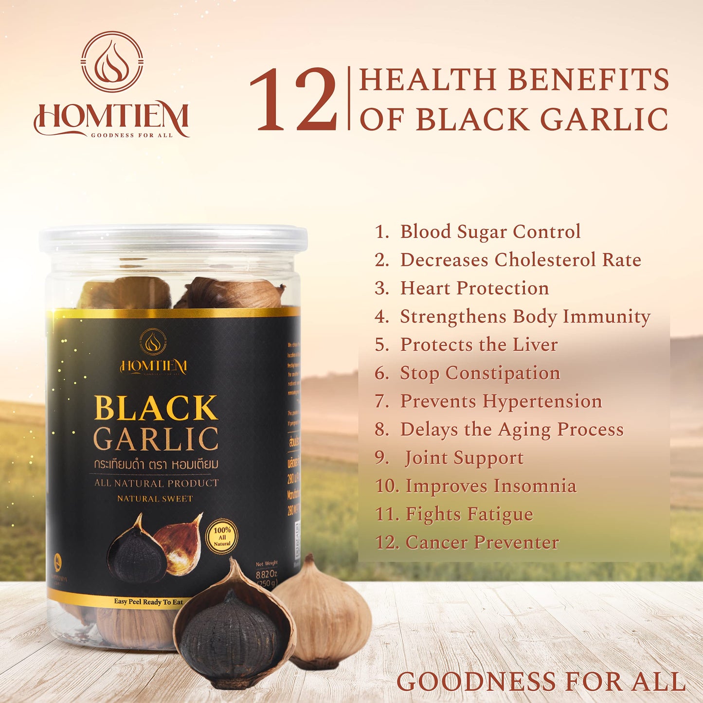 Homtiem Black Garlic 8.82 Oz. (250g.), Whole Black Garlic Fermented for 90 Days, Super Foods, Non-GMOs, Non-Additives, High in Antioxidants, Ready to Eat for Snack Healthy, Healthy Recipes