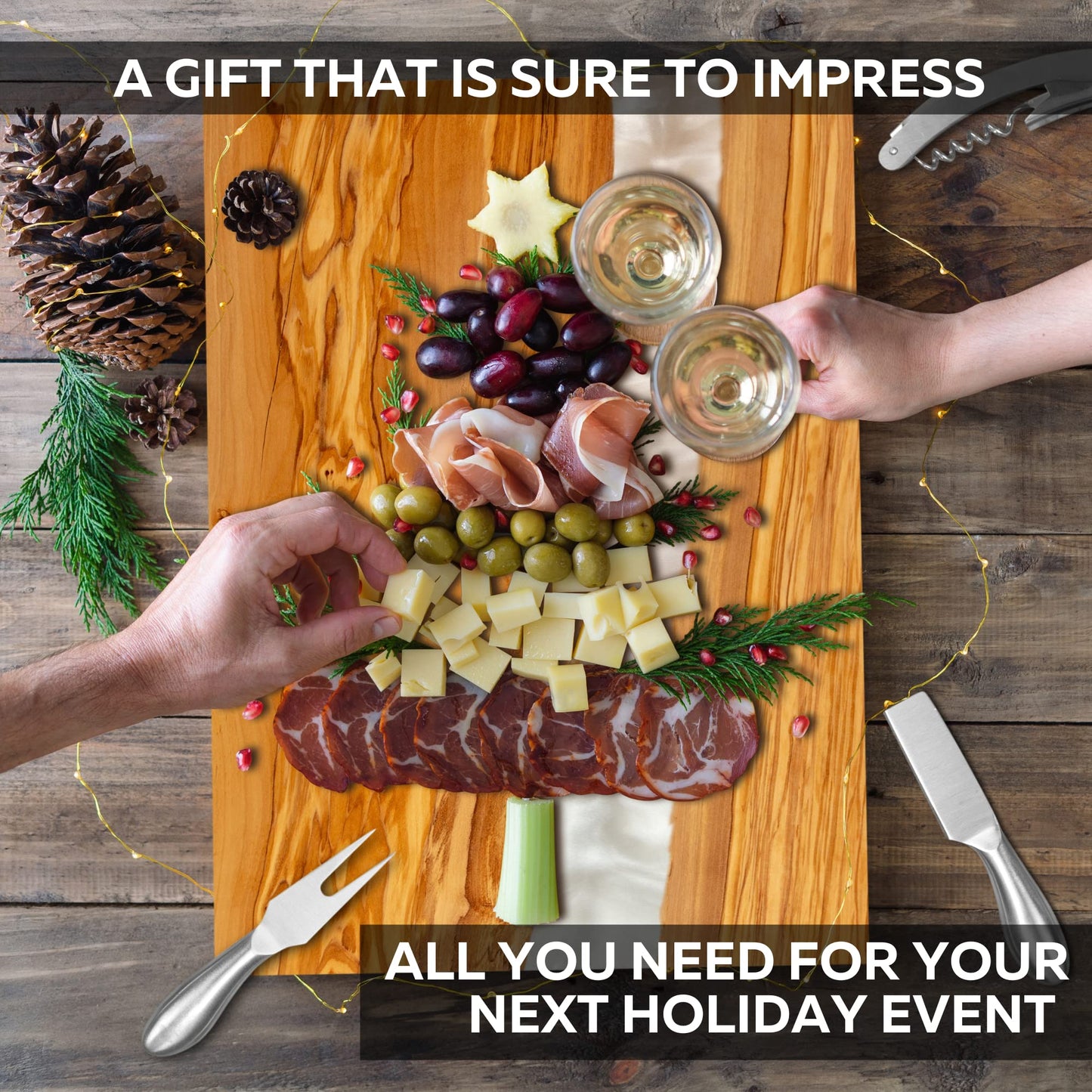Handcrafted Italian Olive Wood Cheese and Charcuterie Board Set with Unique White Pearl Resin Artwork - Cutting Board Comes with 4 Cheese Knives, 2 Dipping Bowls & Corkscrew Wine Opener (White Pearl)