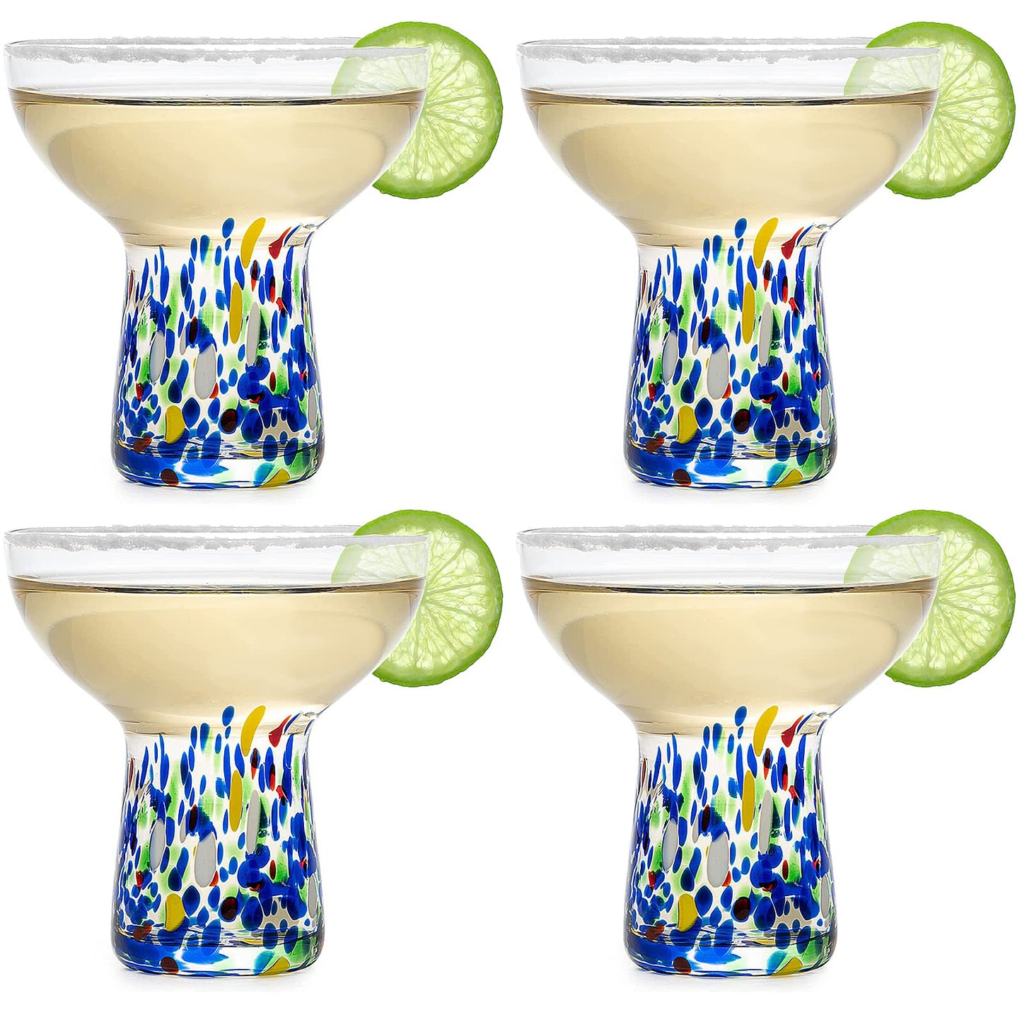 Margarita Glasses – Set of 4 - Luxury Hand Blown Confetti Margaritas, Cocktails, Water, Wine, Dessert, Martini & Champagne Cinco de Mayo, Hand Blown - Mexican Confetti Design Glass, Party, Home & Bar