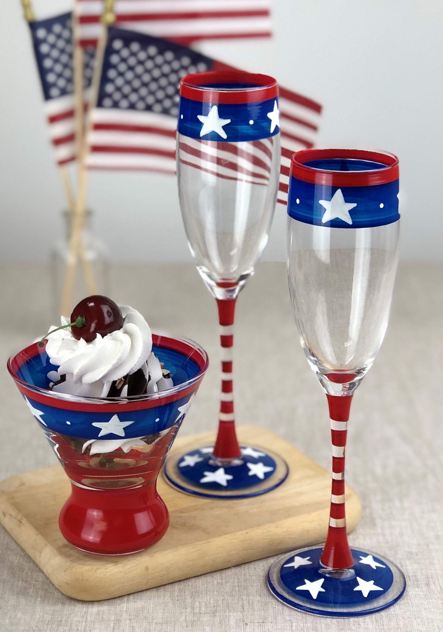 Golden Hill Studio Hand Painted Champagne Flute Set of 2 - Patriotic Collection - Hand Painted Glassware by USA Artists - Unique and Decorative Champagne Glasses, July 4th Kitchen Table Décor