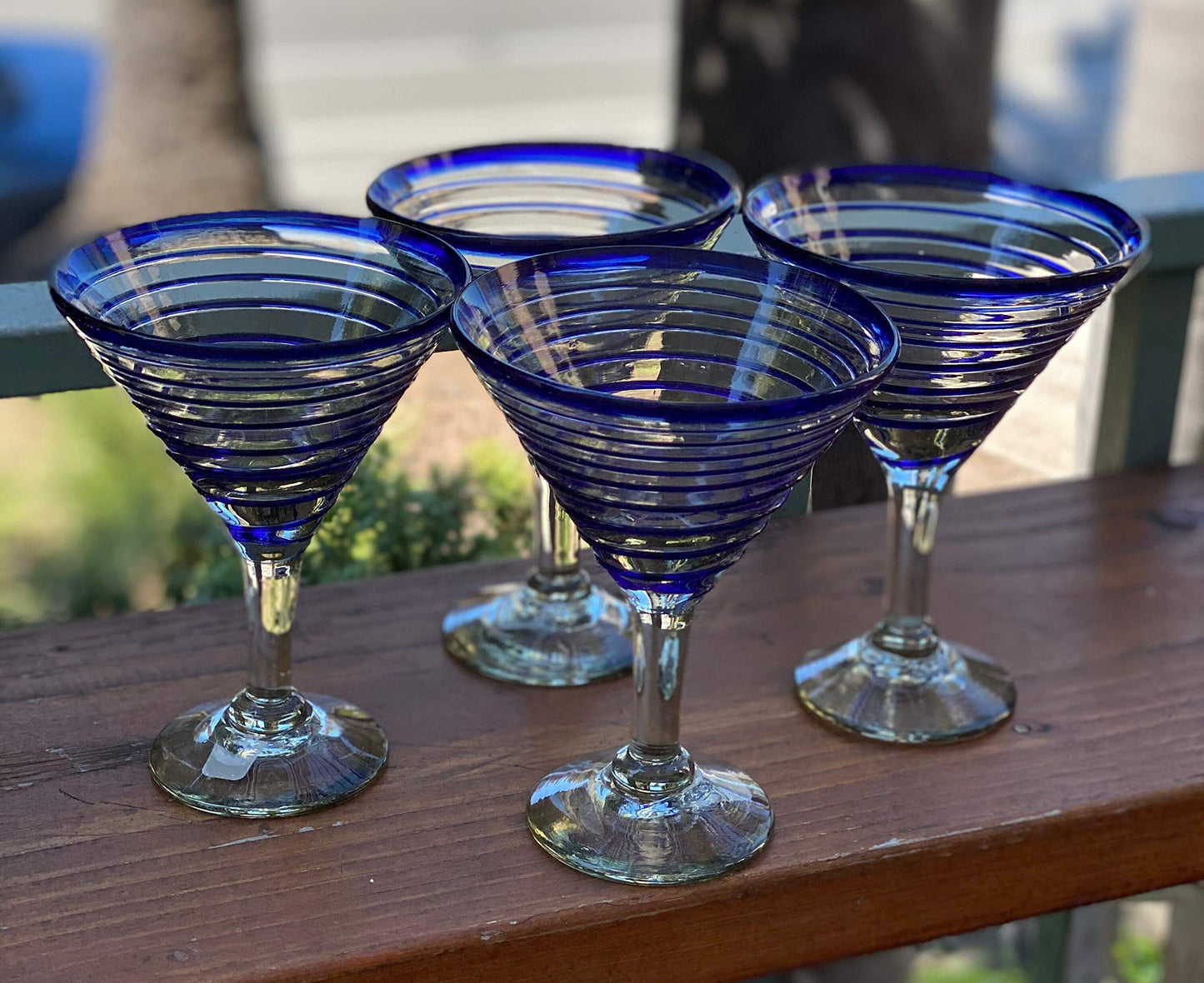 Mexican Hand Blown Glass – Set of 4 Hand Blown Modern Margarita Glasses - Blue Spiral (12 oz)