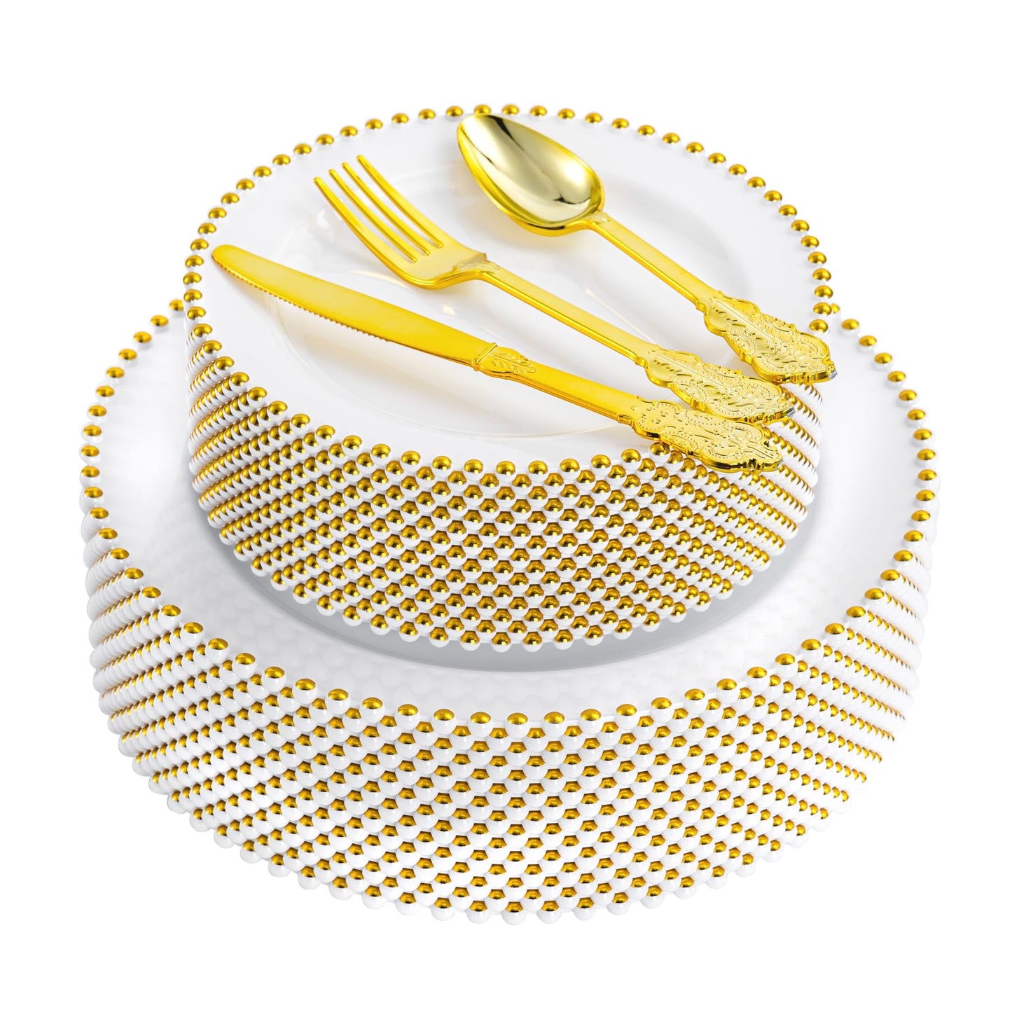 75-Piece Gold Bead-Rimmed Plastic Plate and Utensils Set, Heavy Duty Dinnerware Set Includes 15 Dinner Plates, 15 Dessert Plates, 15 Gold Plastic Forks, 15 Spoons, 15 Knives, Perfect for Parties and Weddings
