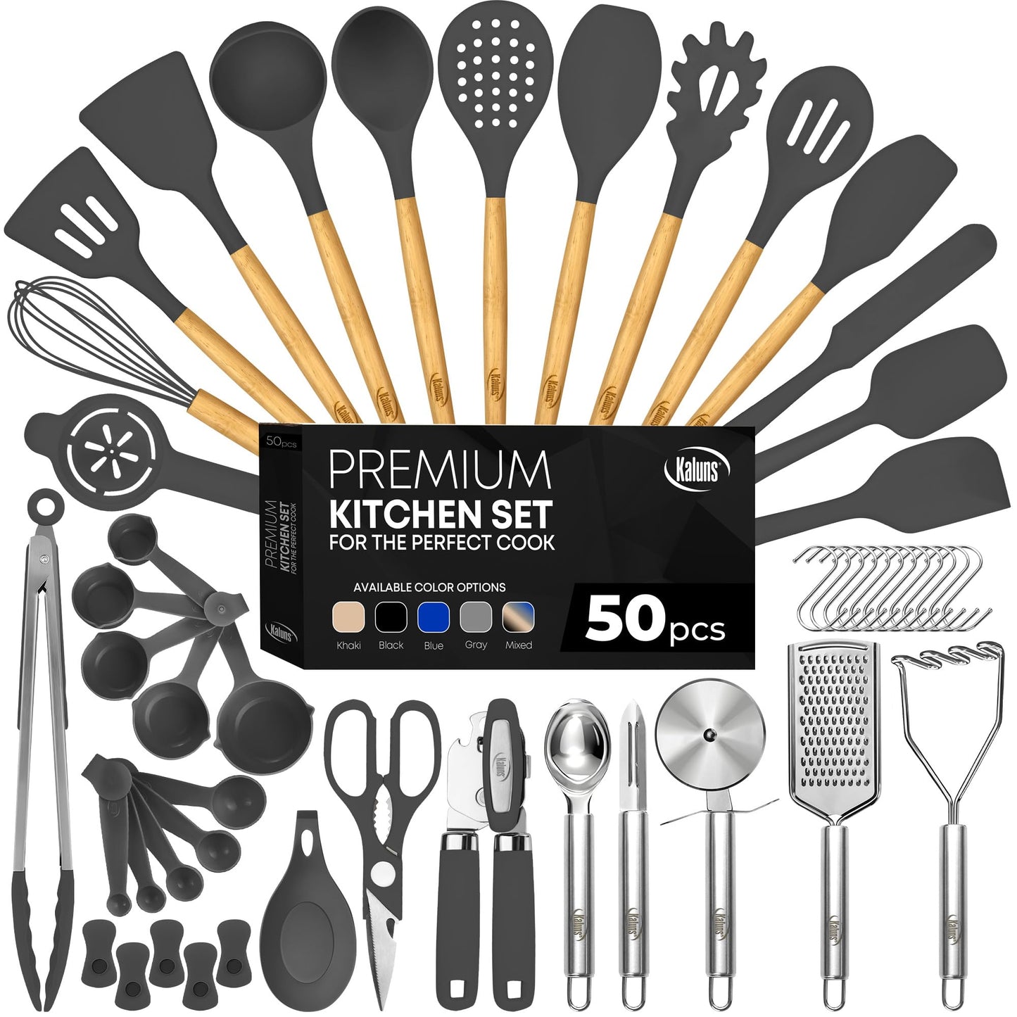 50-Piece Silicone Kitchen Utensils Set - Mothers's Day Gifts for Moms and Wives and Dads and Husbands - Complete Kitchen Set 800°F Heat-Resistant Non-Stick Premium Silicone Cooking Utensils with Wooden Handles