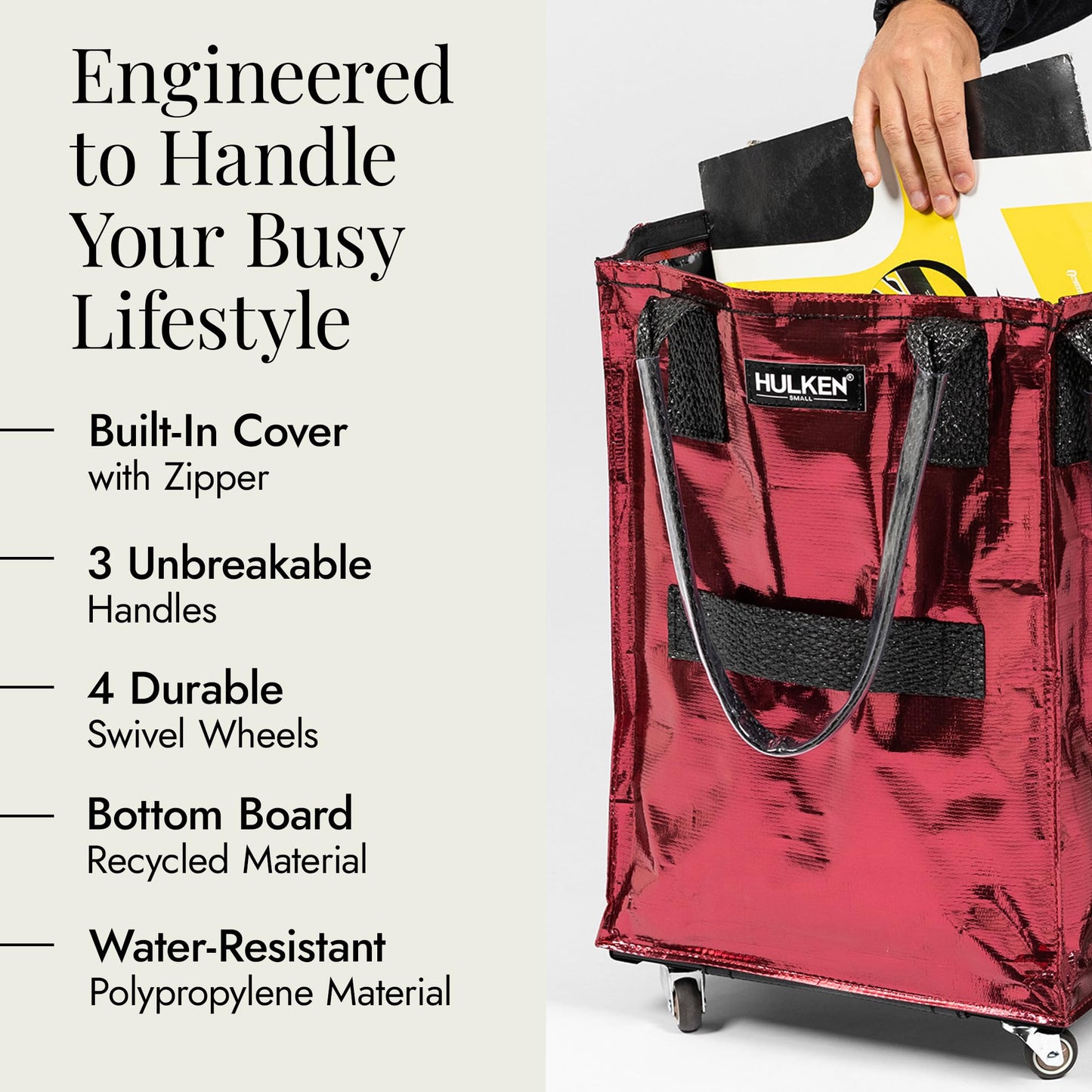 HULKEN (Small, Cosmic Red) Reusable Grocery Bag On Wheels, Shopping Trolley, Rolling Tote, Zipper Closure, Lightweight, Carries Up to 66 lb, Folds Flat