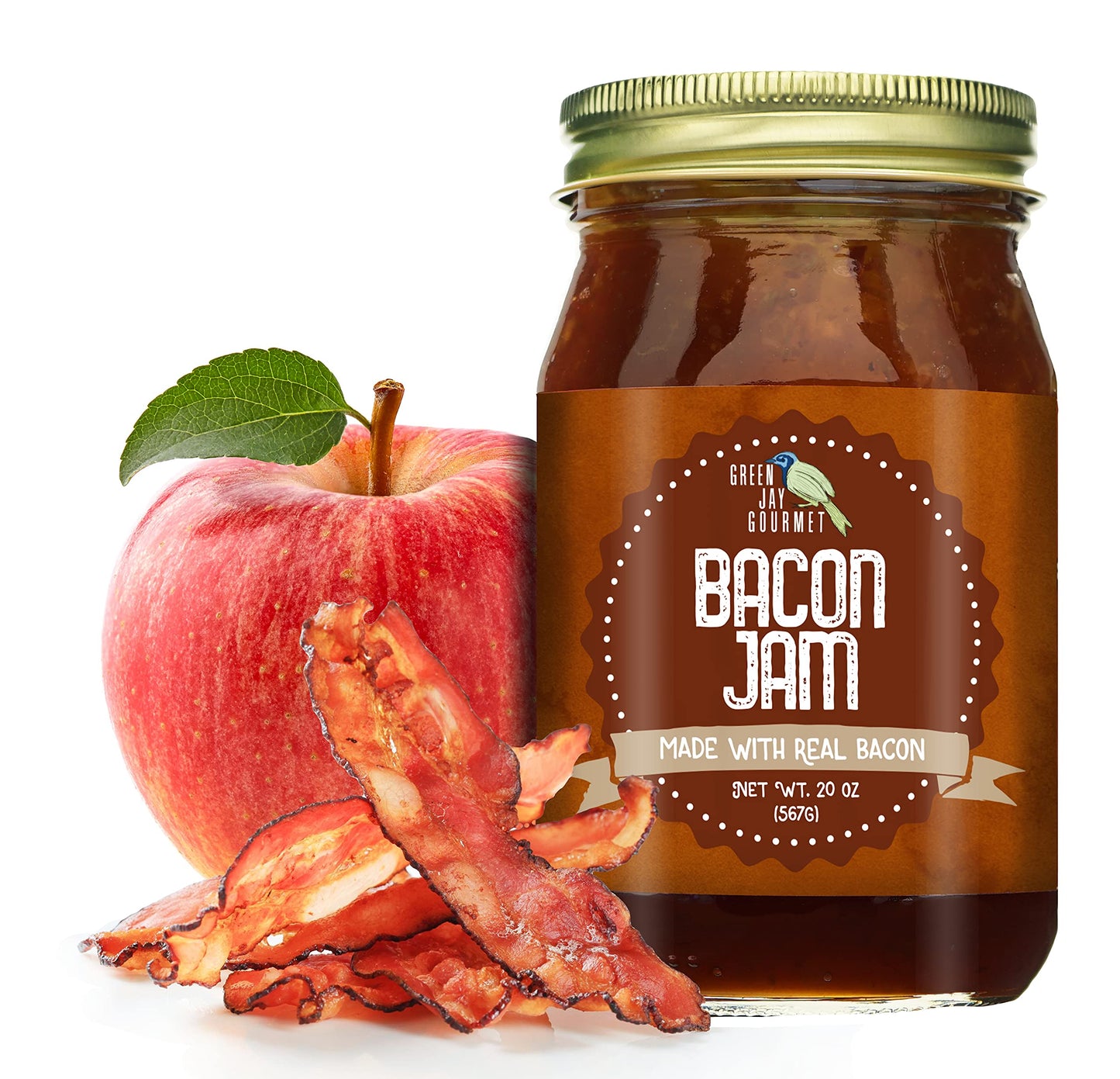 Green Jay Gourmet Bacon Jam - Classic Spread for Burgers, Sandwiches, Toast, Charcuterie - Sweet & Savory Flavoring for Meat Cuts, Poultry, Dressing - Zero Trans Fat, No MSG, Gluten-Free - 20 Oz.