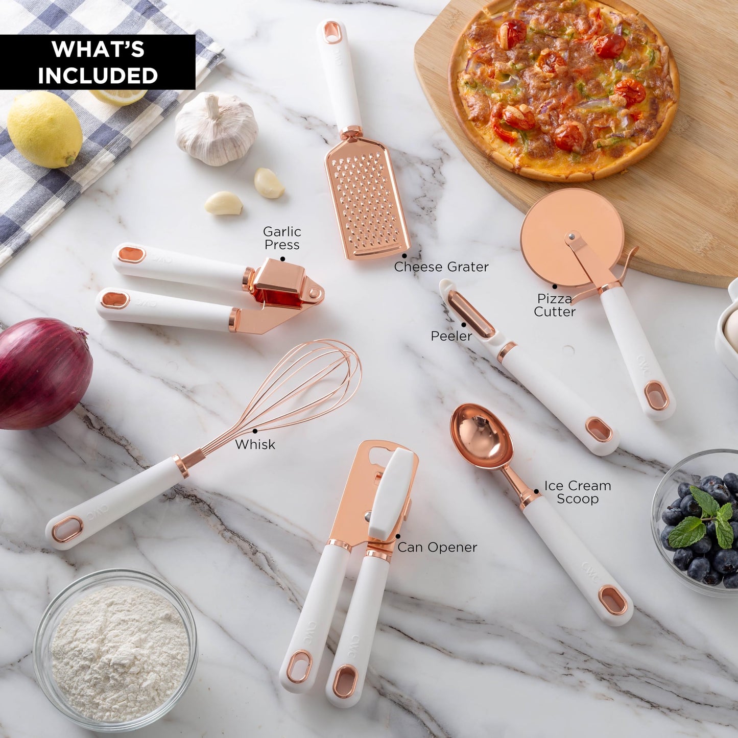 COOK WITH COLOR Kitchen Gadget Set Stainless Steel Utensils with Soft Touch Handles, Copper White, 7 Pieces