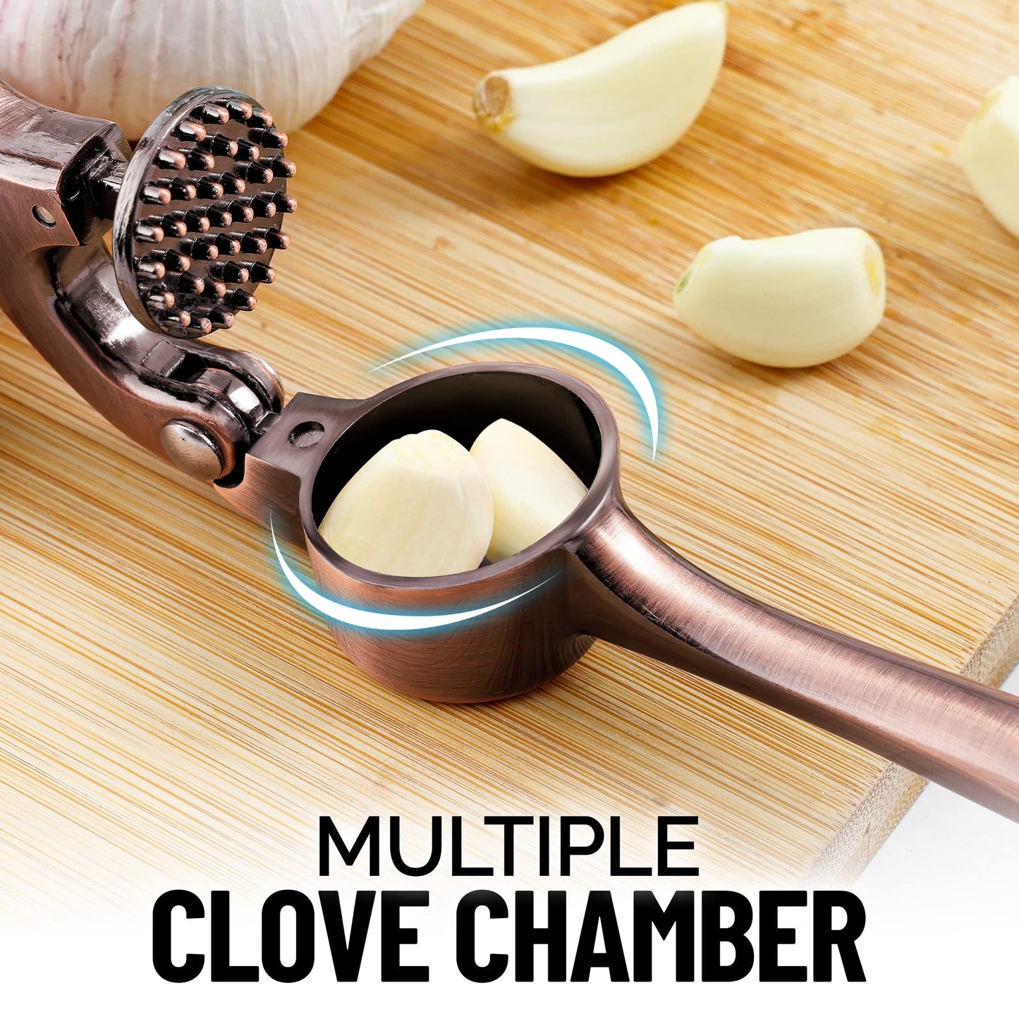 Zulay Kitchen Premium Garlic Press Set - Rust Proof and Dishwasher Safe Professional Garlic Mincer Tool - Easy-Squeeze, Easy-Clean with Soft, Ergonomic Handle - Silicone Garlic Peeler and Brush (Copper)
