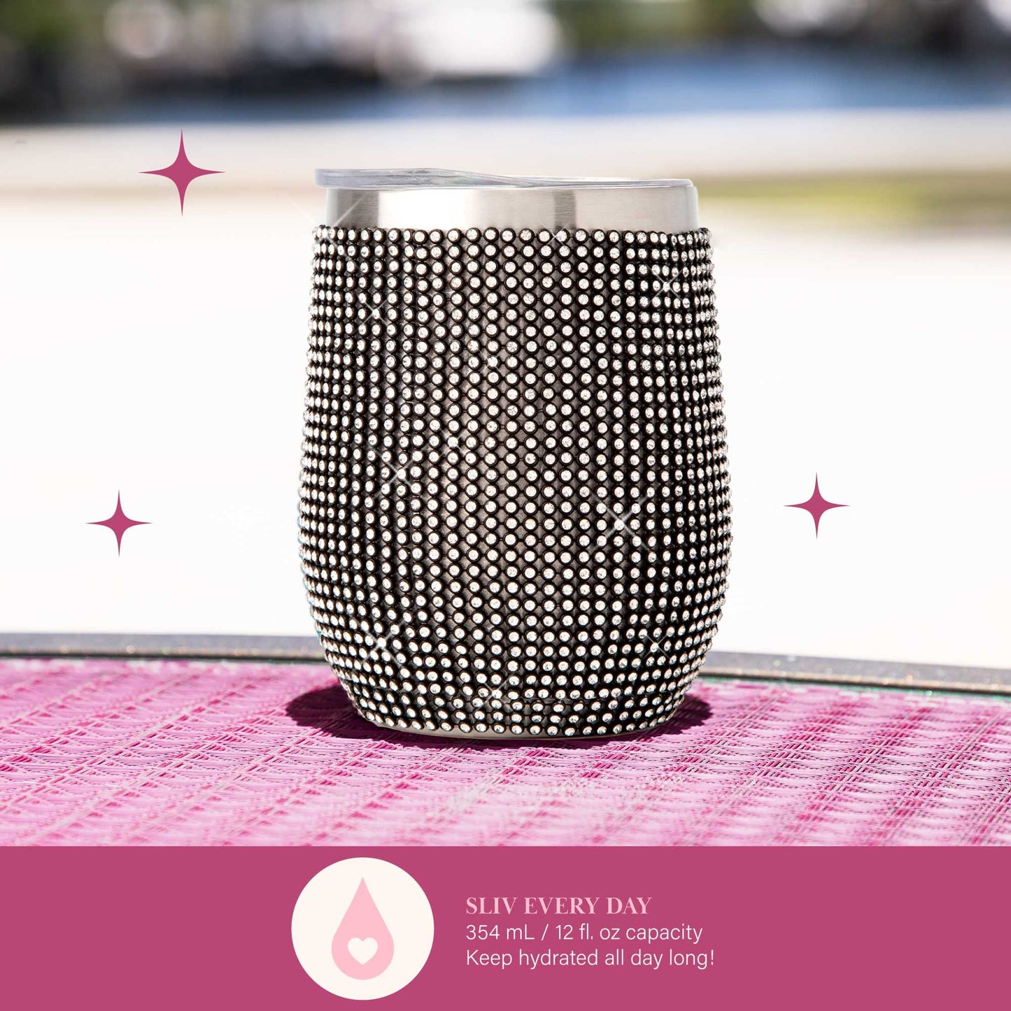 Paris Hilton Diamond Bling Wine Tumbler, Vacuum Insulated Stainless Steel with Easy Sip Lid, Bedazzled with Over 2500 Rhinestones, 12-Ounce, Black