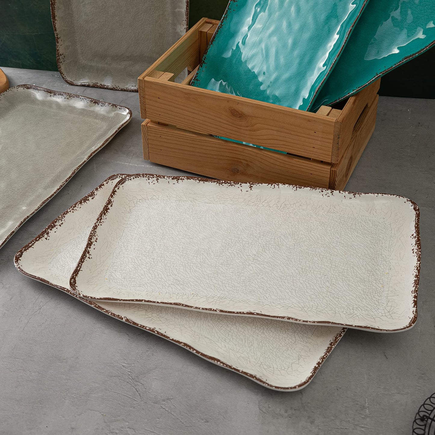White Rustic Large Farmhouse Serving Platters, 2 Piece Melamine Dinnerware Set, 17.5 x 10 Inches Vintage Serving Tray, Rectangle White Rustic Trays Set of 2