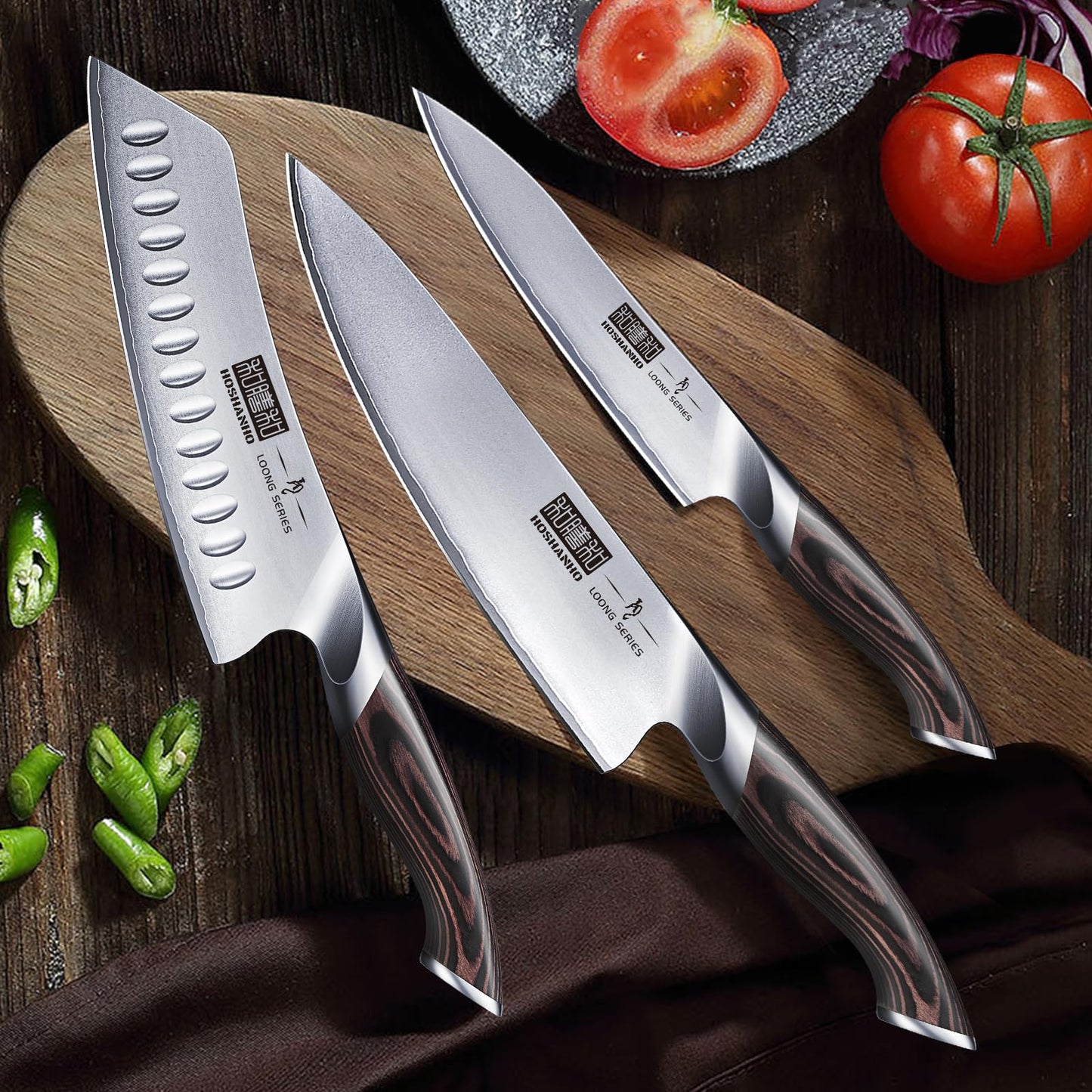 HOSHANHO 3-Piece Knife Set, Professional Japanese AUS-10 Stainless Steel Kitchen Knife Set, Ultra Sharp Chef Knives Sets with Ergonomic Pakkawood Handle