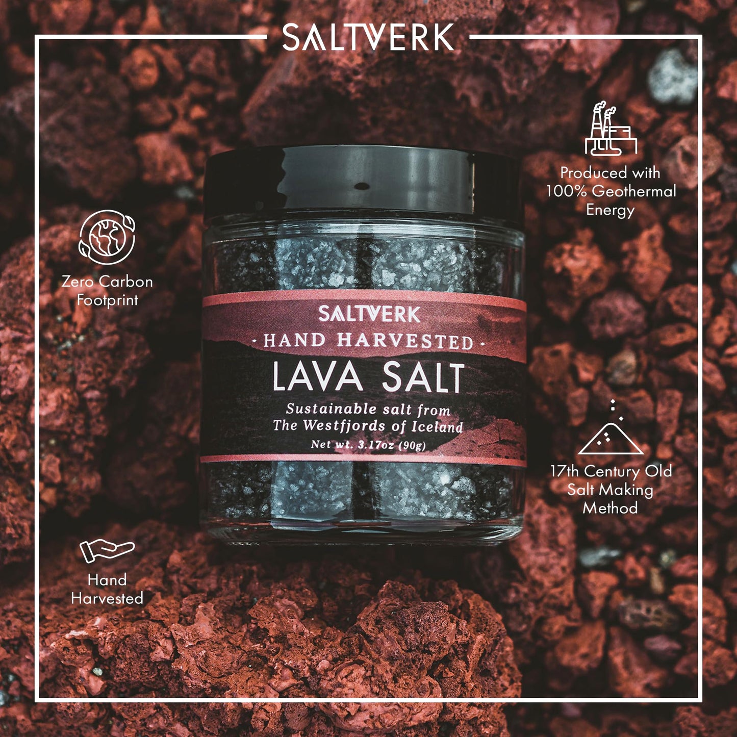 Saltverk Lava Sea Salt - 3.17 Ounces Jar - Hand Harvested Gourmet - Sustainably Made