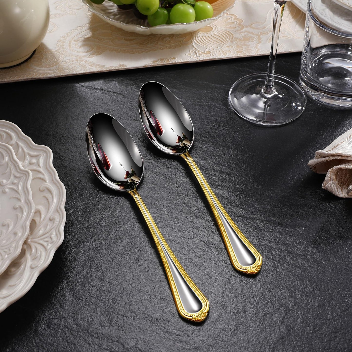 KEAWELL Pearl Edge Premium Serving Spoon Set, 18/10 Stainless Steel, 9" Fine Hostess Utensils with Refined Bead Design, Brightly Polished, Gold Accent, Dishwasher Safe (2 Serving Spoons)