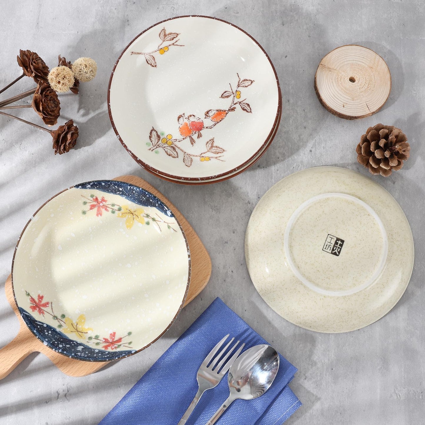 clothmile 7 Inch Japanese Retro Ceramic Dinner Plates Set of 4 Japanese Style Plates Asian Chinese Plates for Cereal, Soup, Dessert, Snack, Fruit, Salsa for Christmas Holiday Present