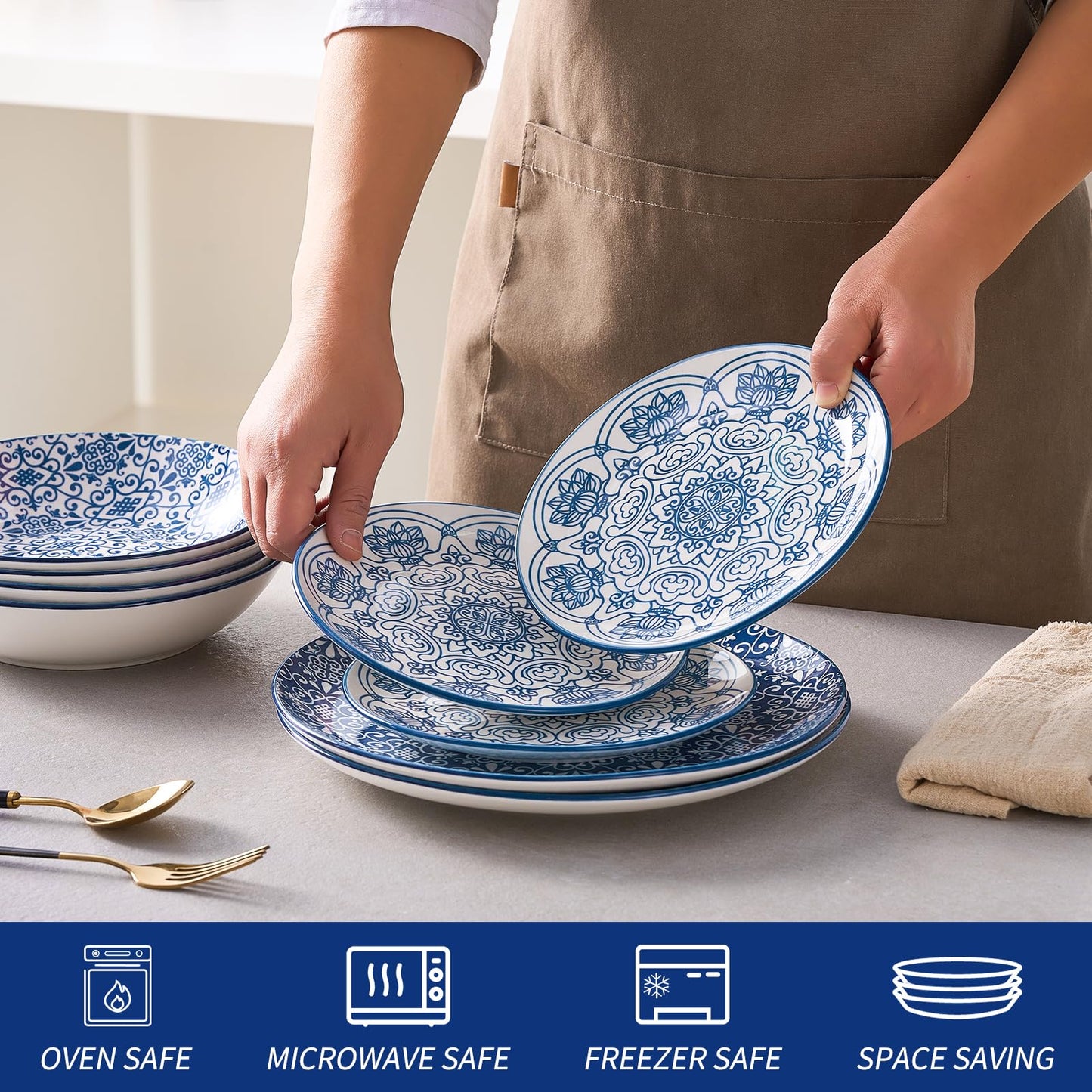 Bestone Ceramic 12-Pieces Dinnerware Sets, Ceramic Dish Plates and Bowls Sets, Dishes Set for 4, Dinner Salad Dessert Plates, and Cereal Bowls Set, Gift,Vintage Blue