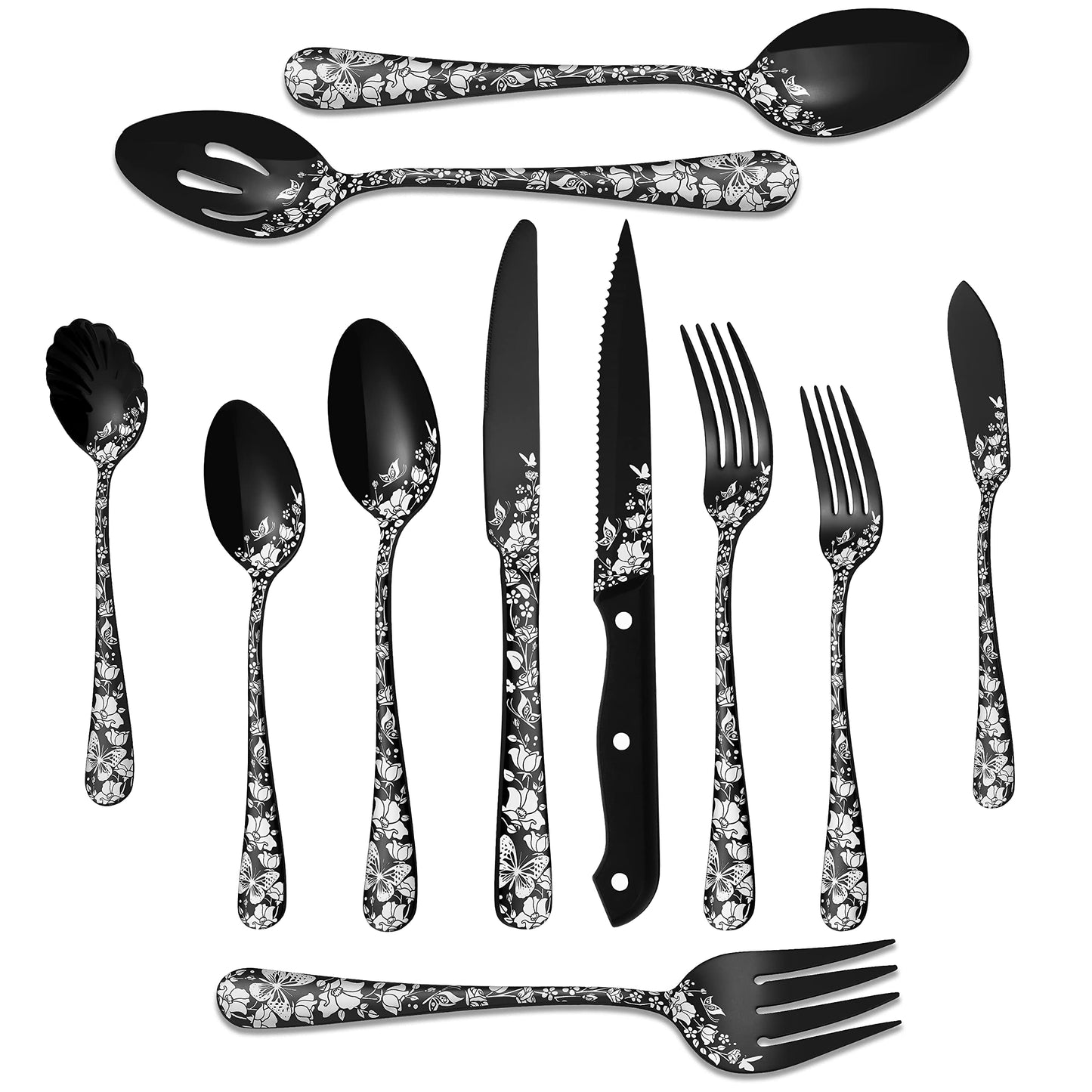 53-Piece Black Silverware Set with Serving Utensils, Stapava Flatware Set for 8, Stainless Steel Cutlery Tableware, Fork Spoon Knife Set, Butterfly Flower Design, Mirror Polish, Dishwasher Safe