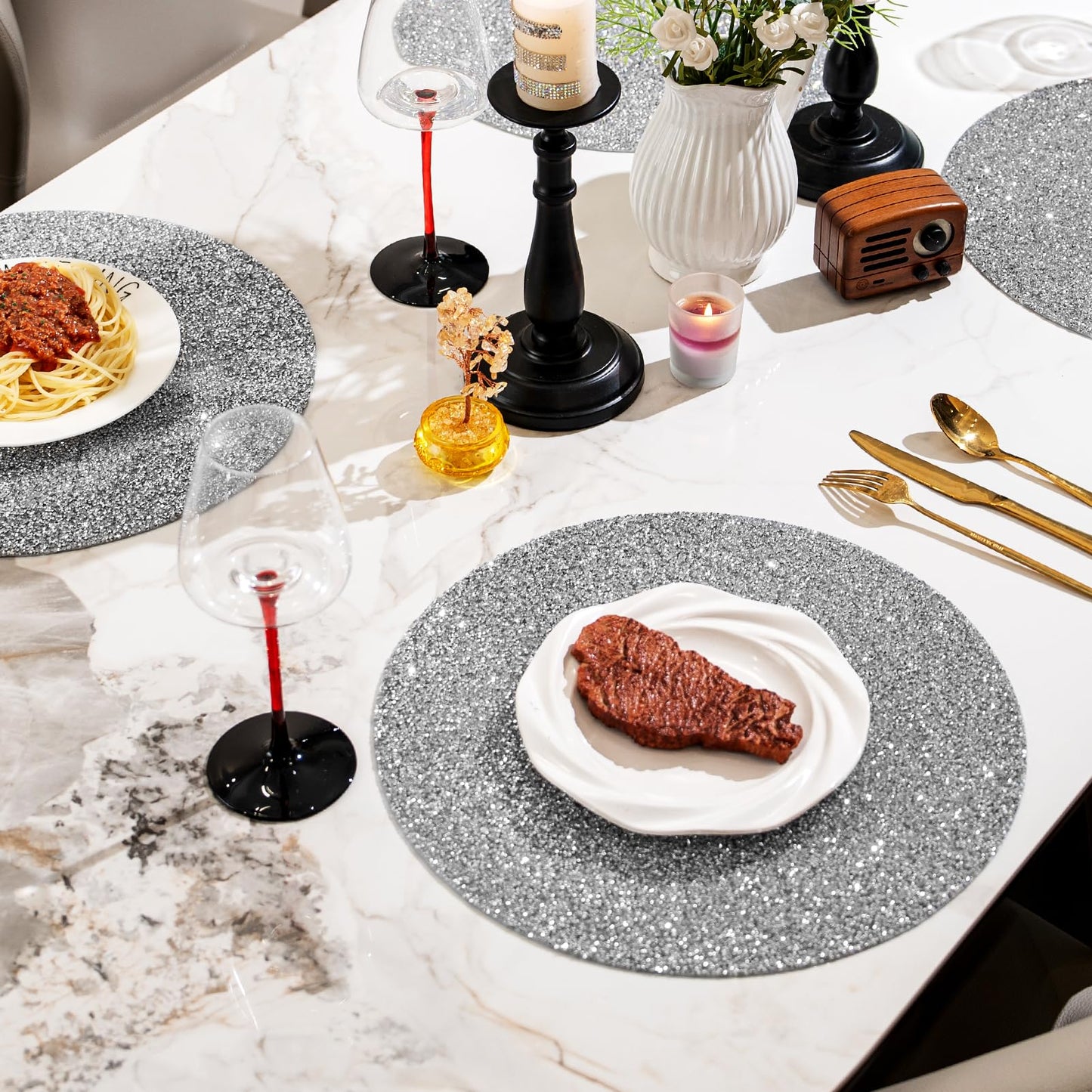 Cumouna Silver Placemat Sparkle Crushed Rhinestones Round Washable Elegant Glitter Table Mat for Fall Halloween Wedding Christams Kitchen Home Decor Housewarming Gifts (15 Inch)
