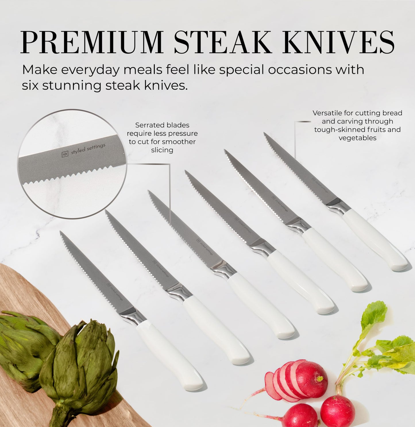 Styled Settings White Knife Set with Block and Sharpener – 14-Piece High Carbon Stainless Steel Knives with Ashwood Block and Built-In Sharpener – Durable White Kitchen Accessories for Cooking