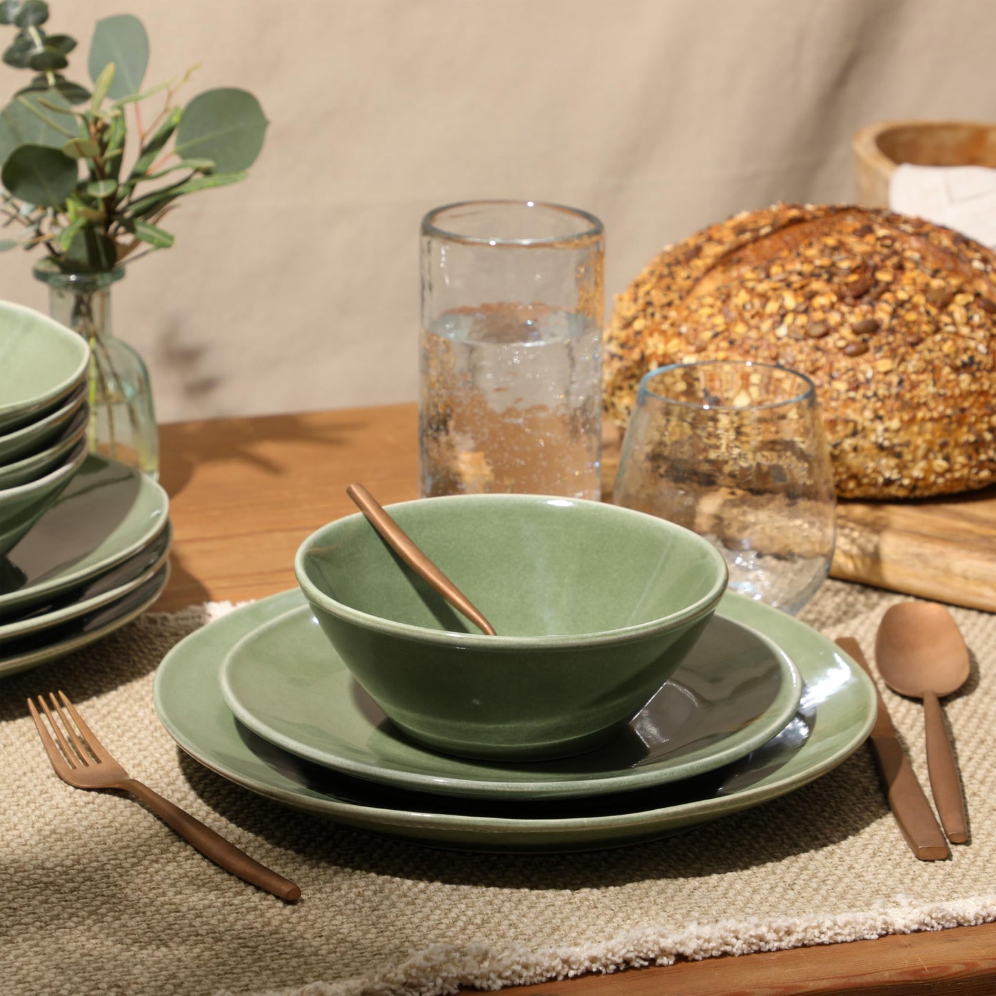 Bloomhouse - Oprah's Favorite Things - Montecito Breeze 16 Piece (Service for 4) Double Plates and Bowls Stoneware Reactive Glaze Dinnerware Set - Cyprus Green