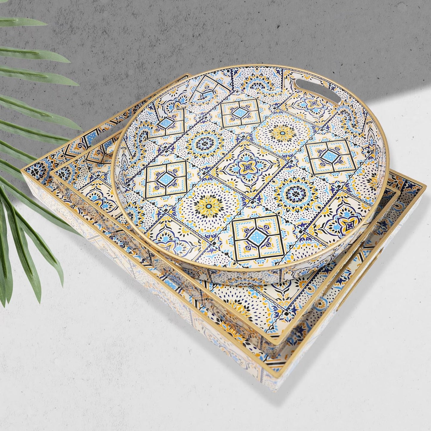 Boho Decorative Plastic Serving Trays with Handles for Living Room, Coffee Table, Ottoman, Bathroom, Kitchen, Large 15.7” x 11.8” x 1.6"